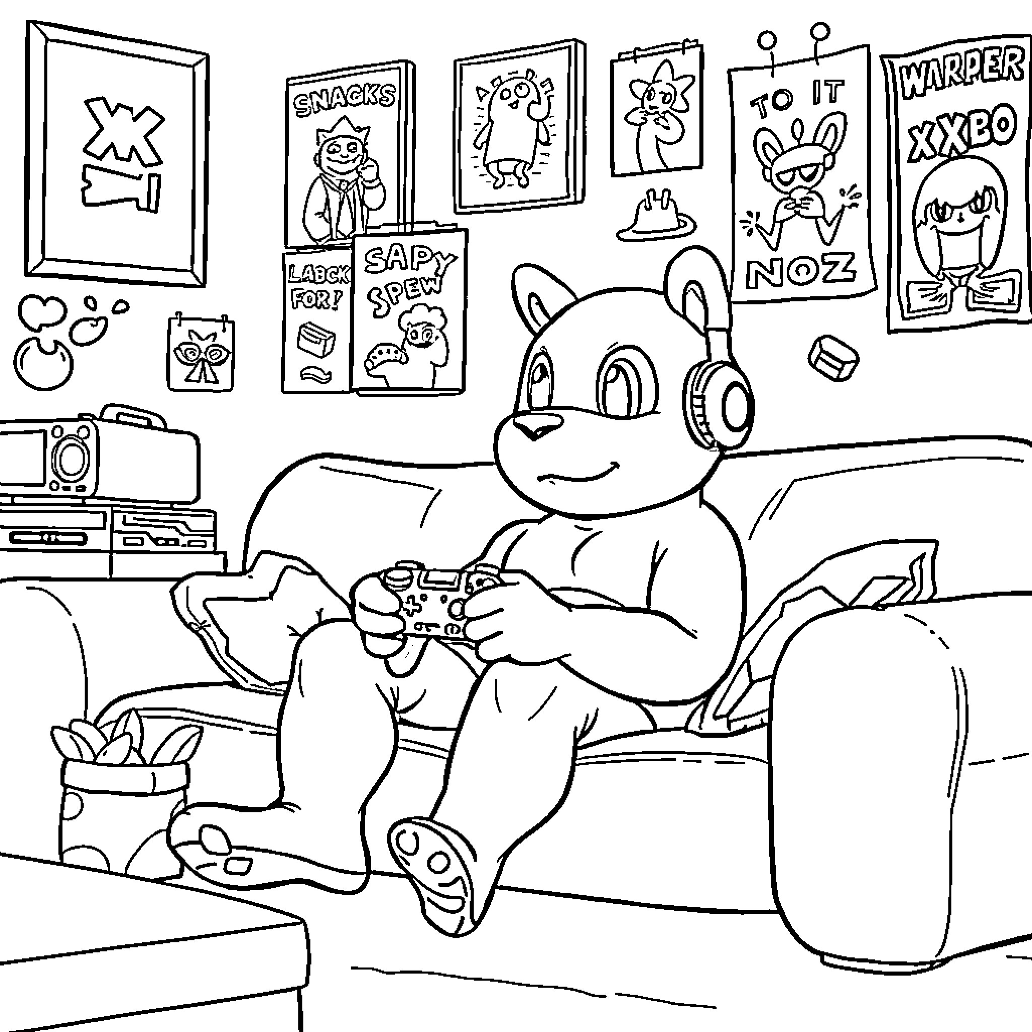 Labubu's Playful Game Room Coloring Page (free black-and-white line drawing printable PDF for all, from beginners to advanced learners, including children, teens, adults, and seniors)