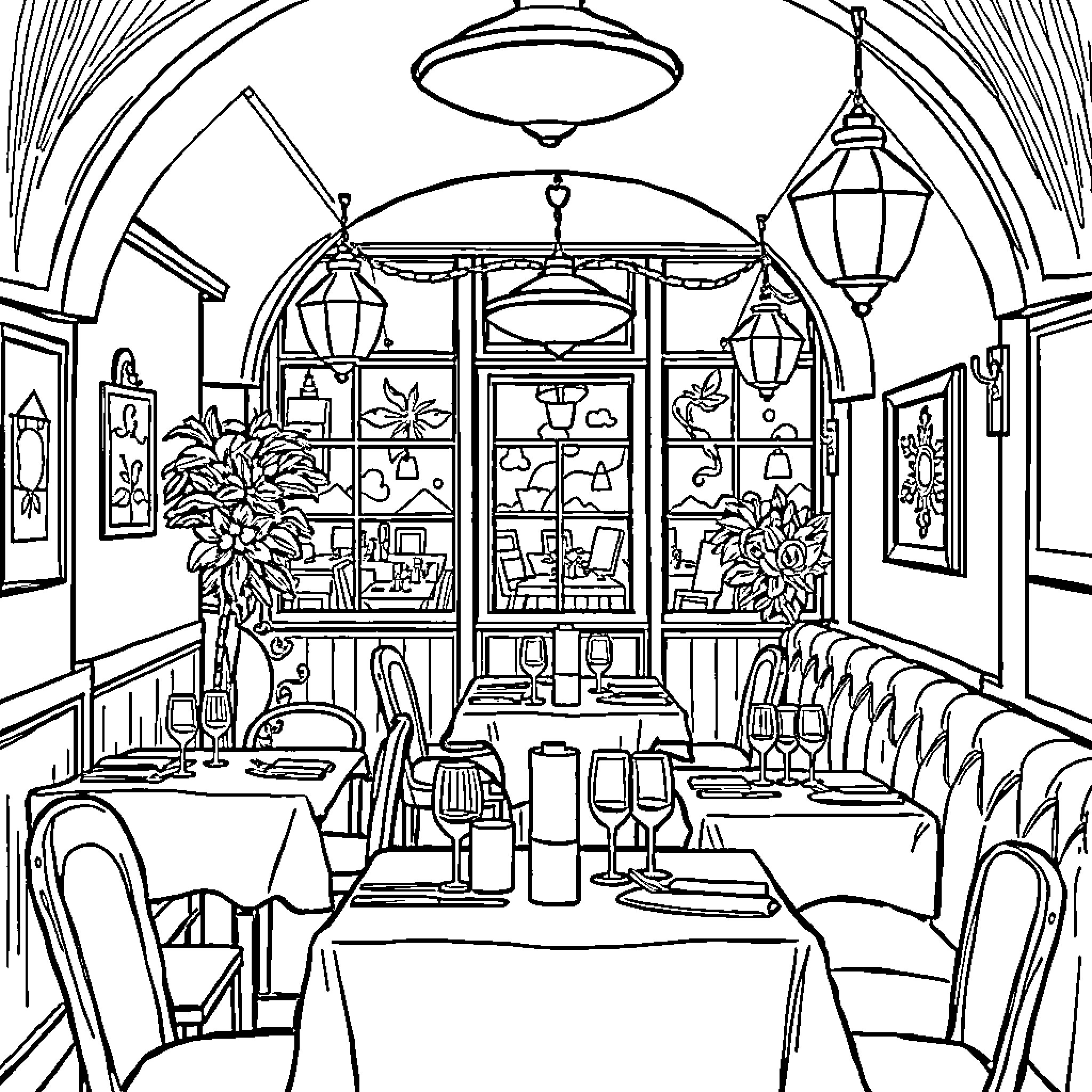 Restaurant with decorated interior and dining tables Coloring Page (free black-and-white line drawing printable PDF for all, from beginners to advanced learners, including children, teens, adults, and seniors)