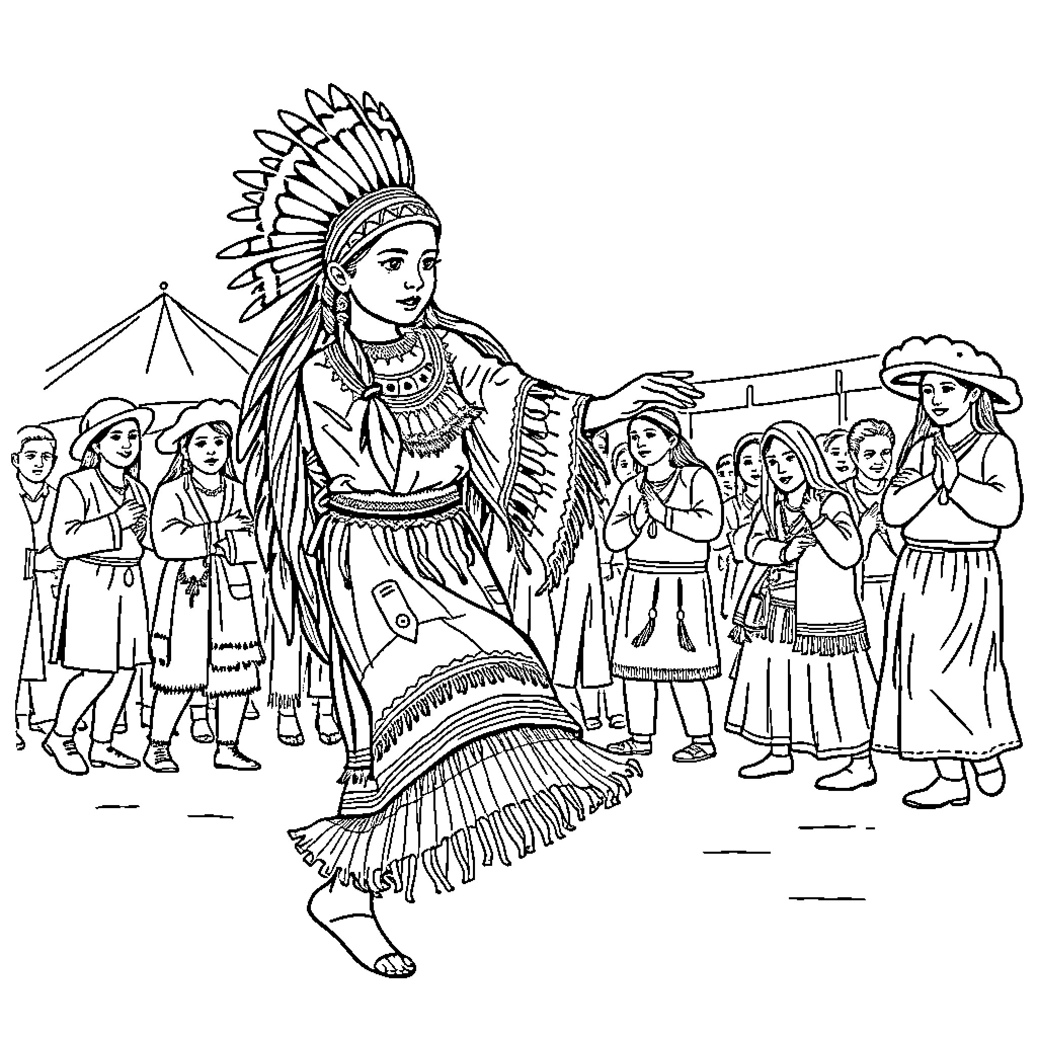 Girl in Native American dress dancing with tribe Coloring Page (free black-and-white line drawing printable PDF for all, from beginners to advanced learners, including children, teens, adults, and seniors)