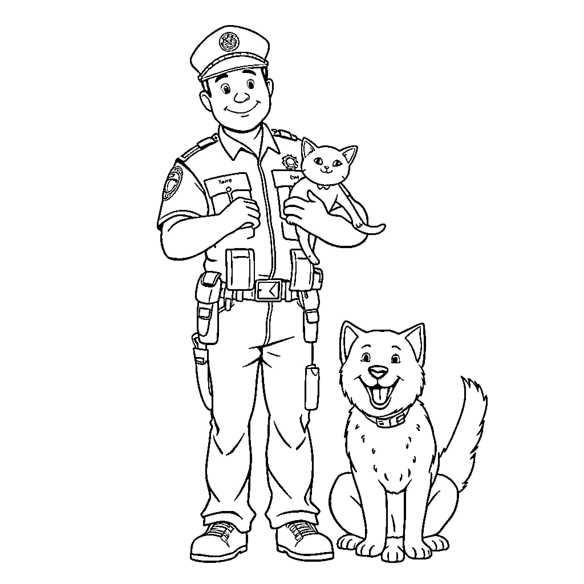 Animal Control Officer Assisting Stray Pets Coloring Page (free black-and-white line drawing printable PDF for all, from beginners to advanced learners, including children, teens, adults, and seniors)