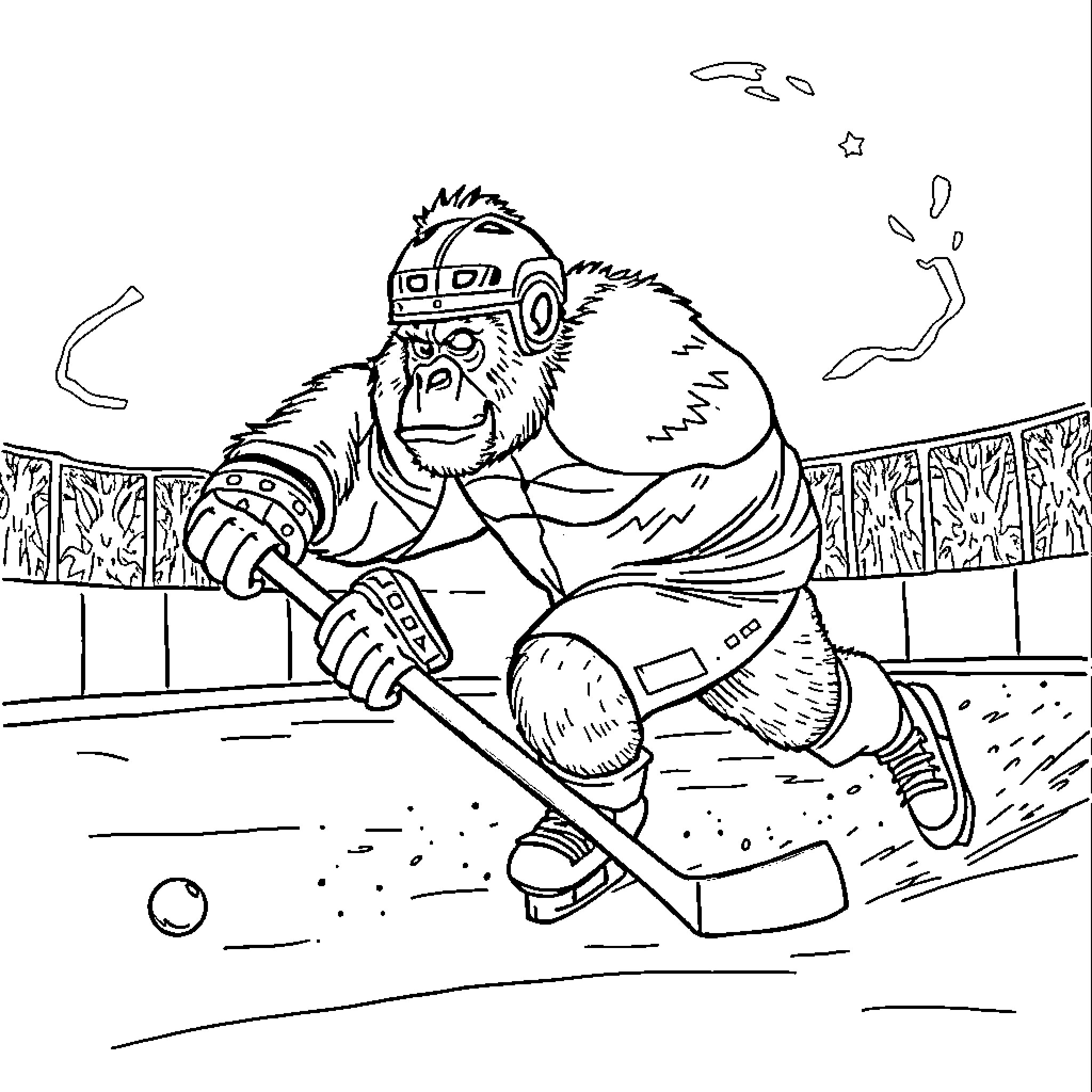 Silverback gorilla playing ice hockey on the rink Coloring Page (free black-and-white line drawing printable PDF for all, from beginners to advanced learners, including children, teens, adults, and seniors)