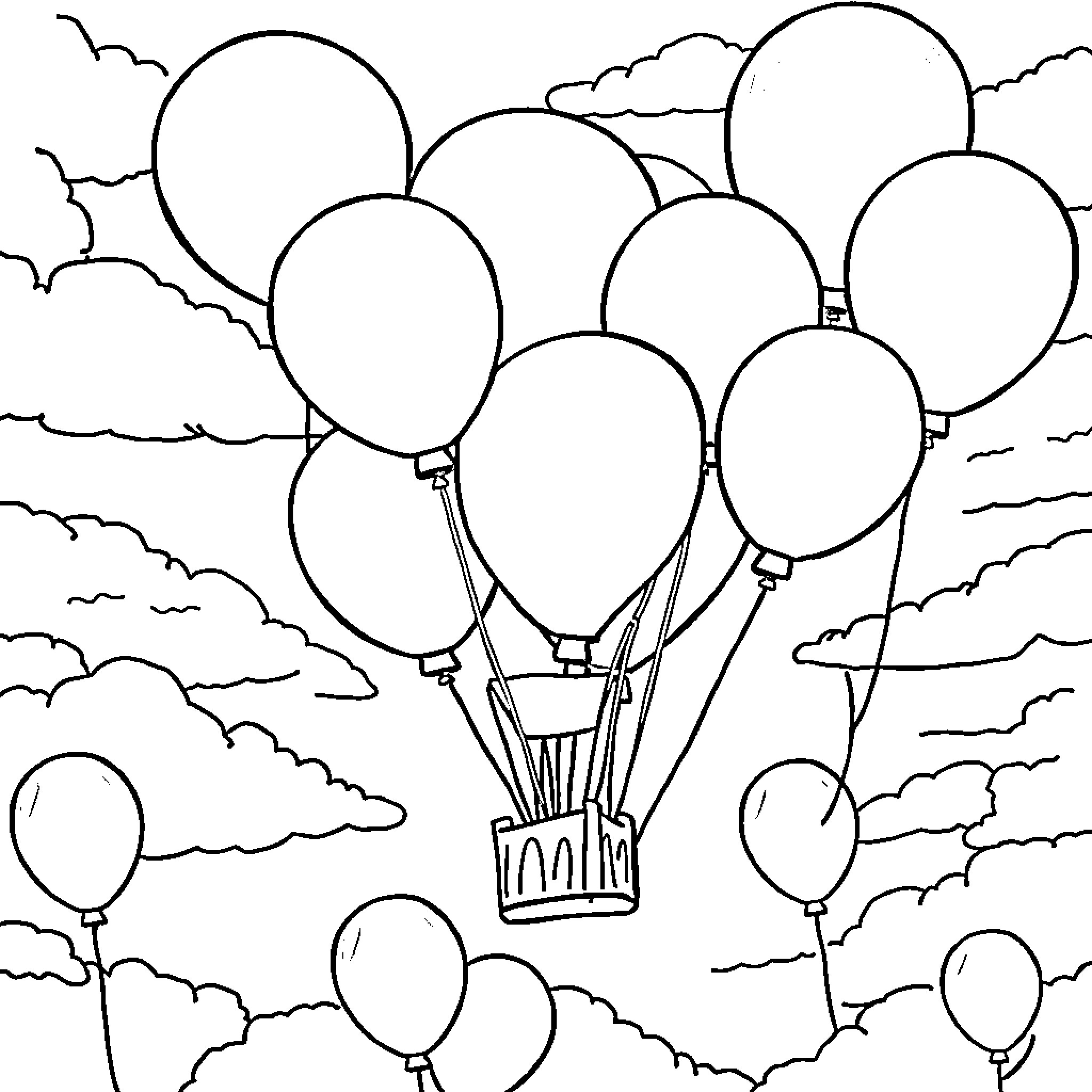 Balloon-shaped objects flying in cloudy sky Coloring Page (free black-and-white line drawing printable PDF for all, from beginners to advanced learners, including children, teens, adults, and seniors)