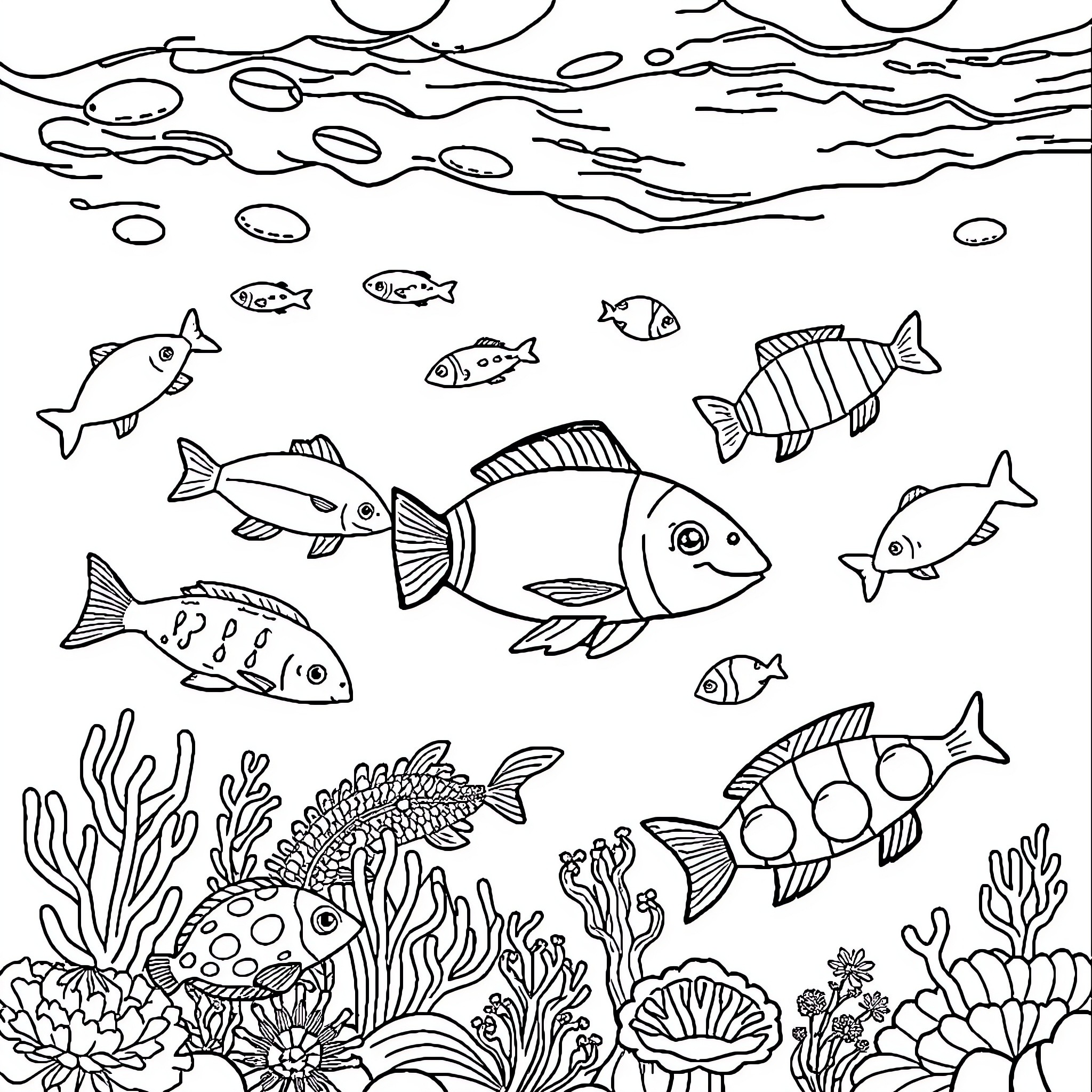 Marine Animals Swimming Underwater in Coral Reef Coloring Page (free black-and-white line drawing printable PDF for all, from beginners to advanced learners, including children, teens, adults, and seniors)