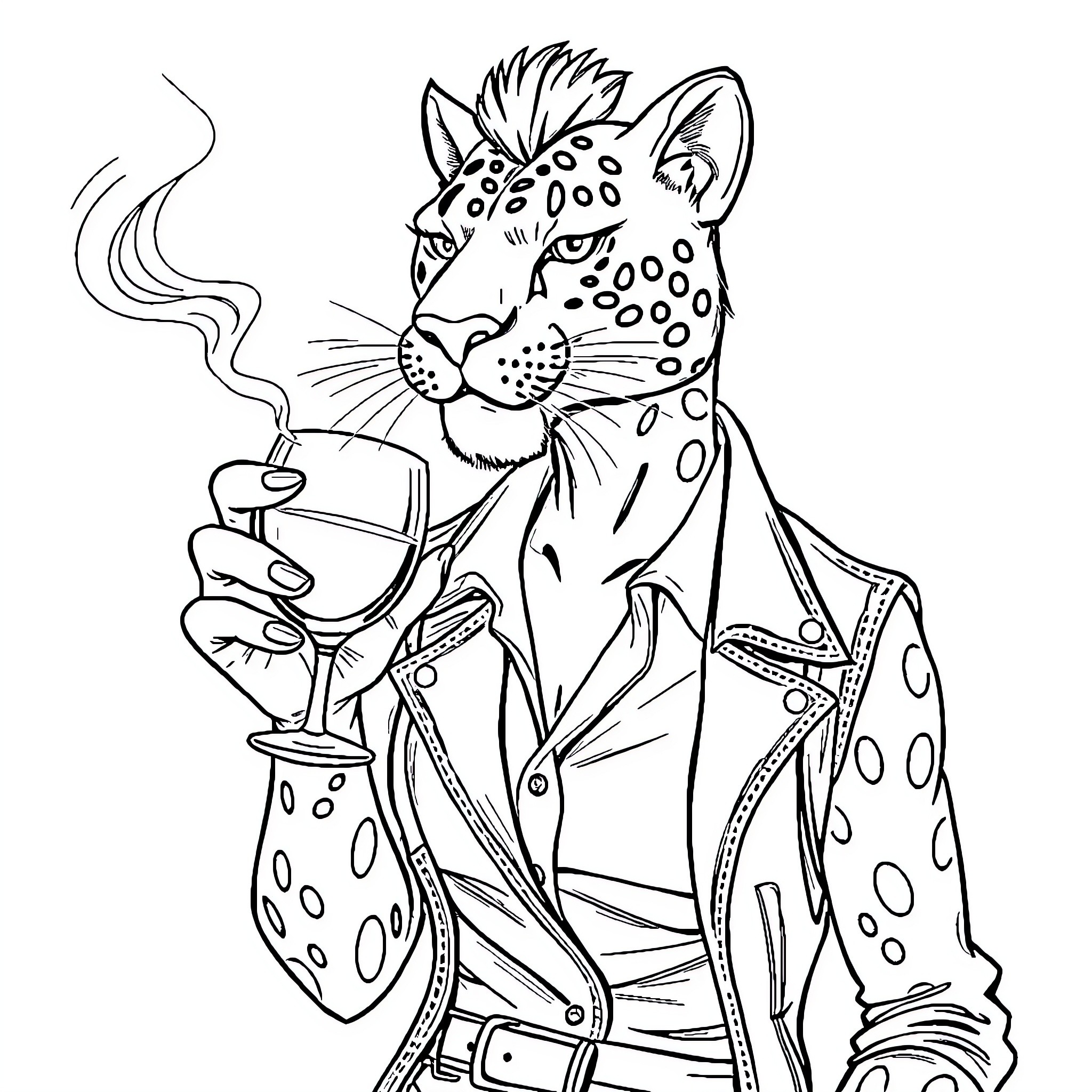 Panther Sipping Coffee in Fashionable Attire Coloring Page (free black-and-white line drawing printable PDF for all, from beginners to advanced learners, including children, teens, adults, and seniors)