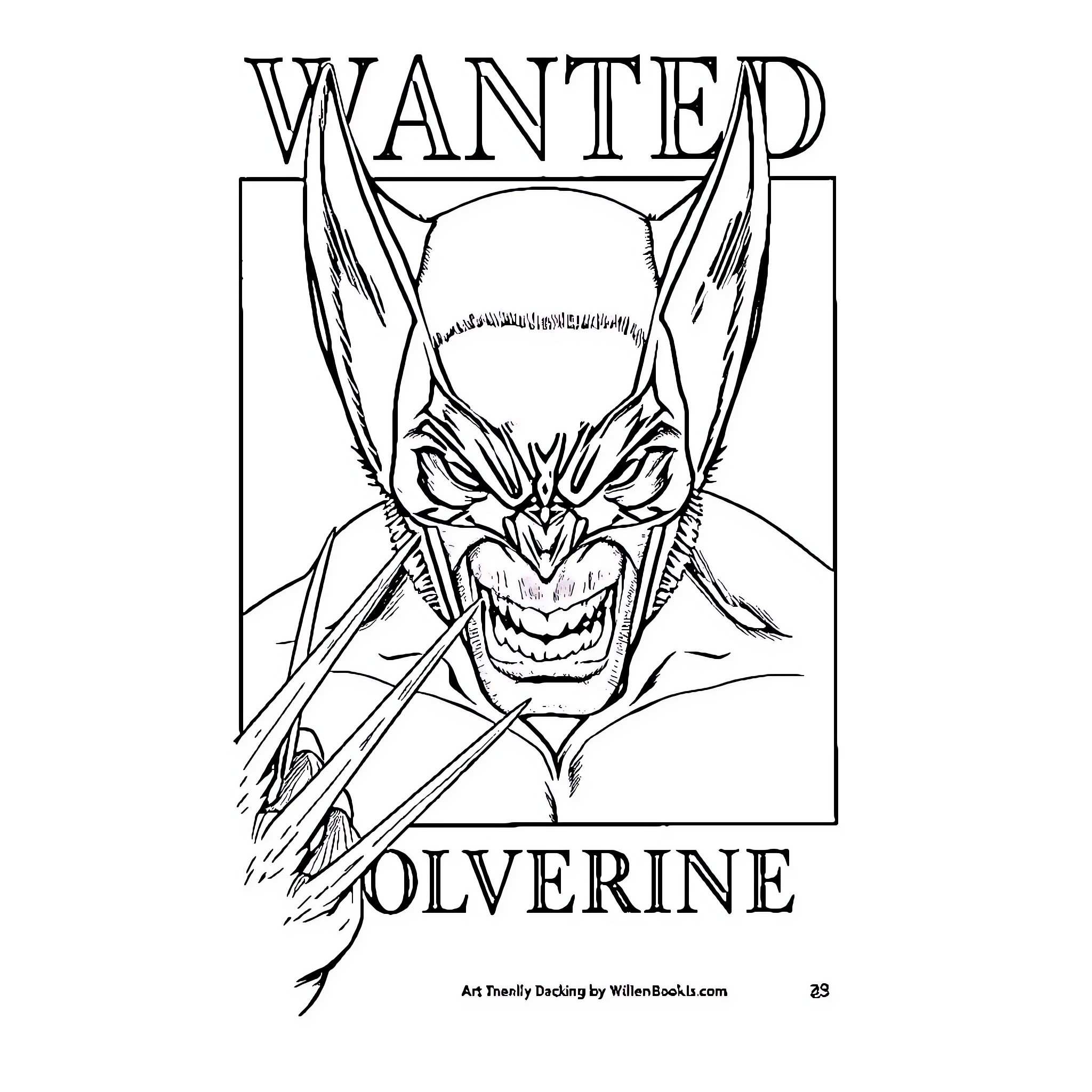 Wolverine Wanted: Fierce Mutant Mercenary Coloring Page (free black-and-white line drawing printable PDF for all, from beginners to advanced learners, including children, teens, adults, and seniors)