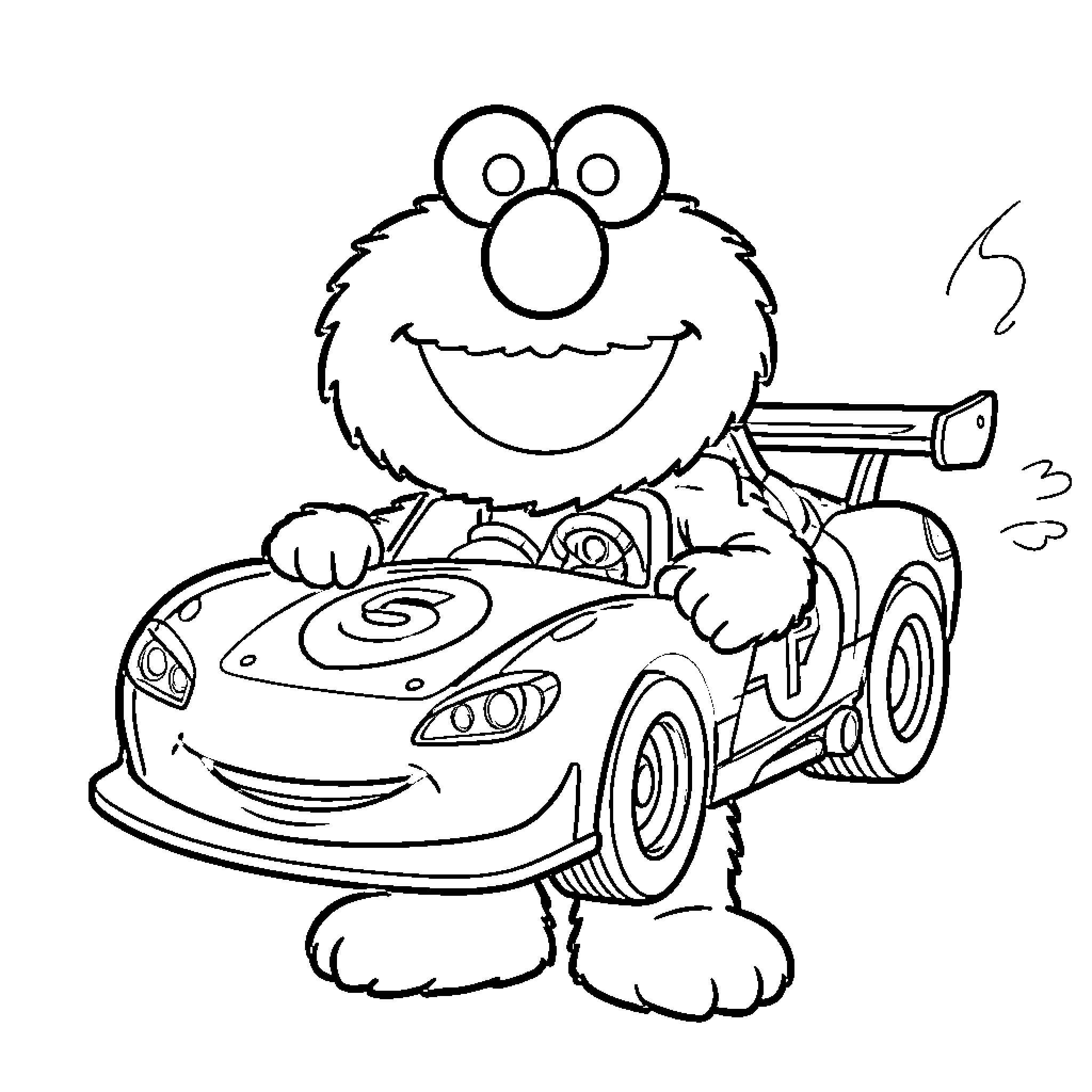 Elmo driving a speedy race car with joy Coloring Page (free black-and-white line drawing printable PDF for all, from beginners to advanced learners, including children, teens, adults, and seniors)