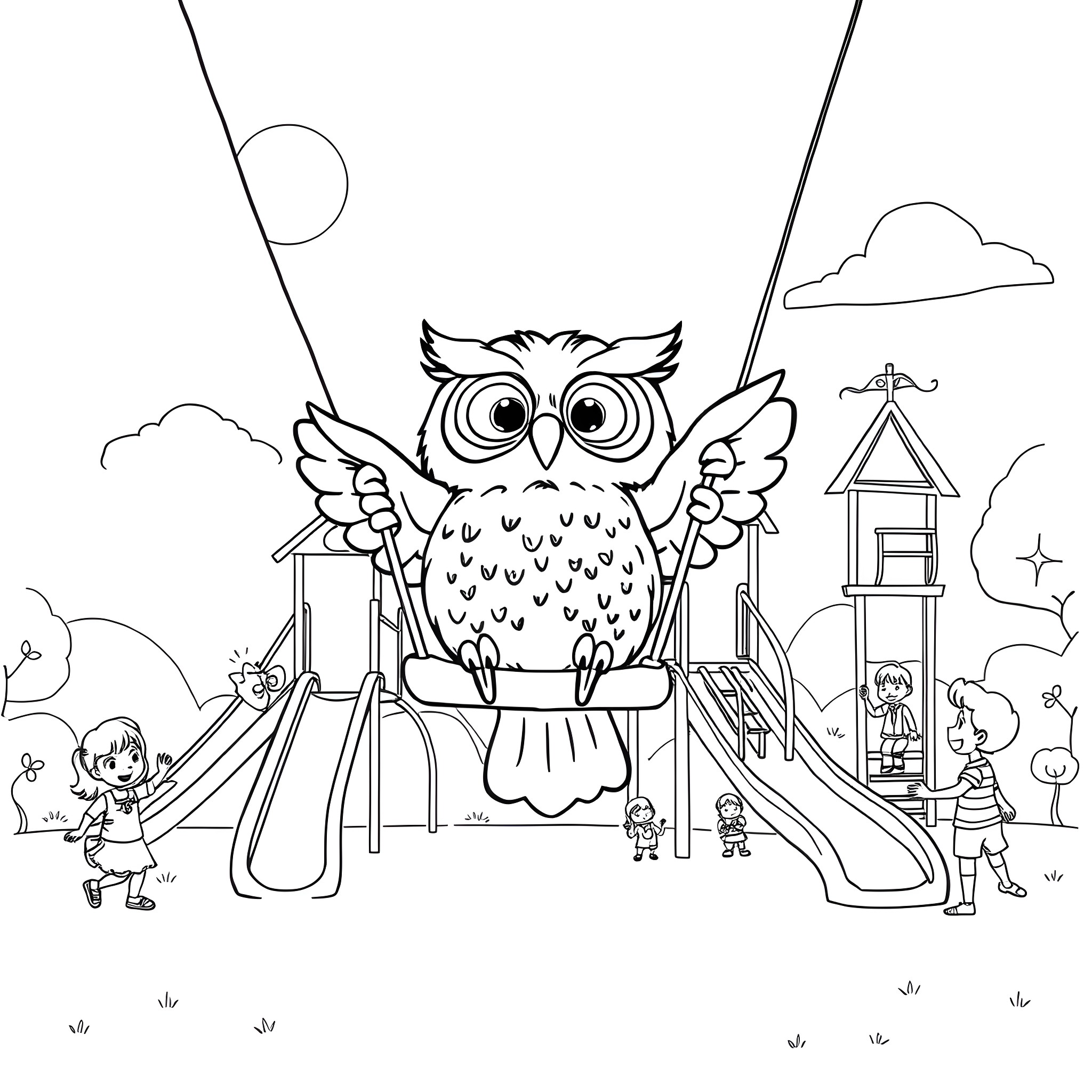 Owl watching over children playing at the playground Coloring Page (free black-and-white line drawing printable PDF for all, from beginners to advanced learners, including children, teens, adults, and seniors)