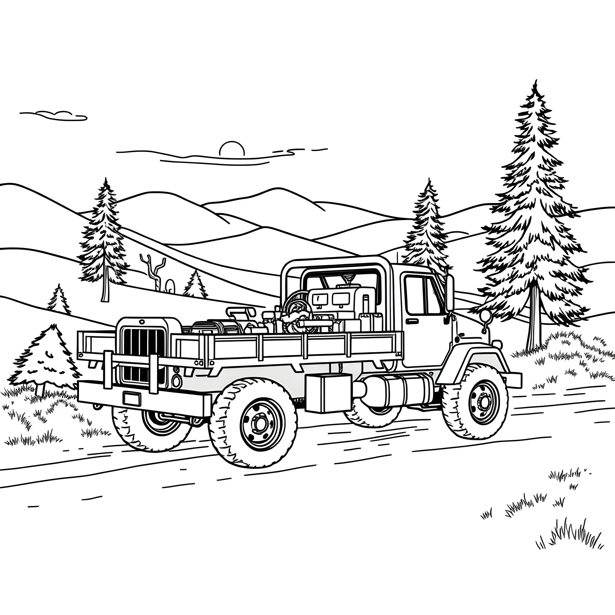 Flatbed truck transporting goods through scenic countryside Coloring Page (free black-and-white line drawing printable PDF for all, from beginners to advanced learners, including children, teens, adults, and seniors)