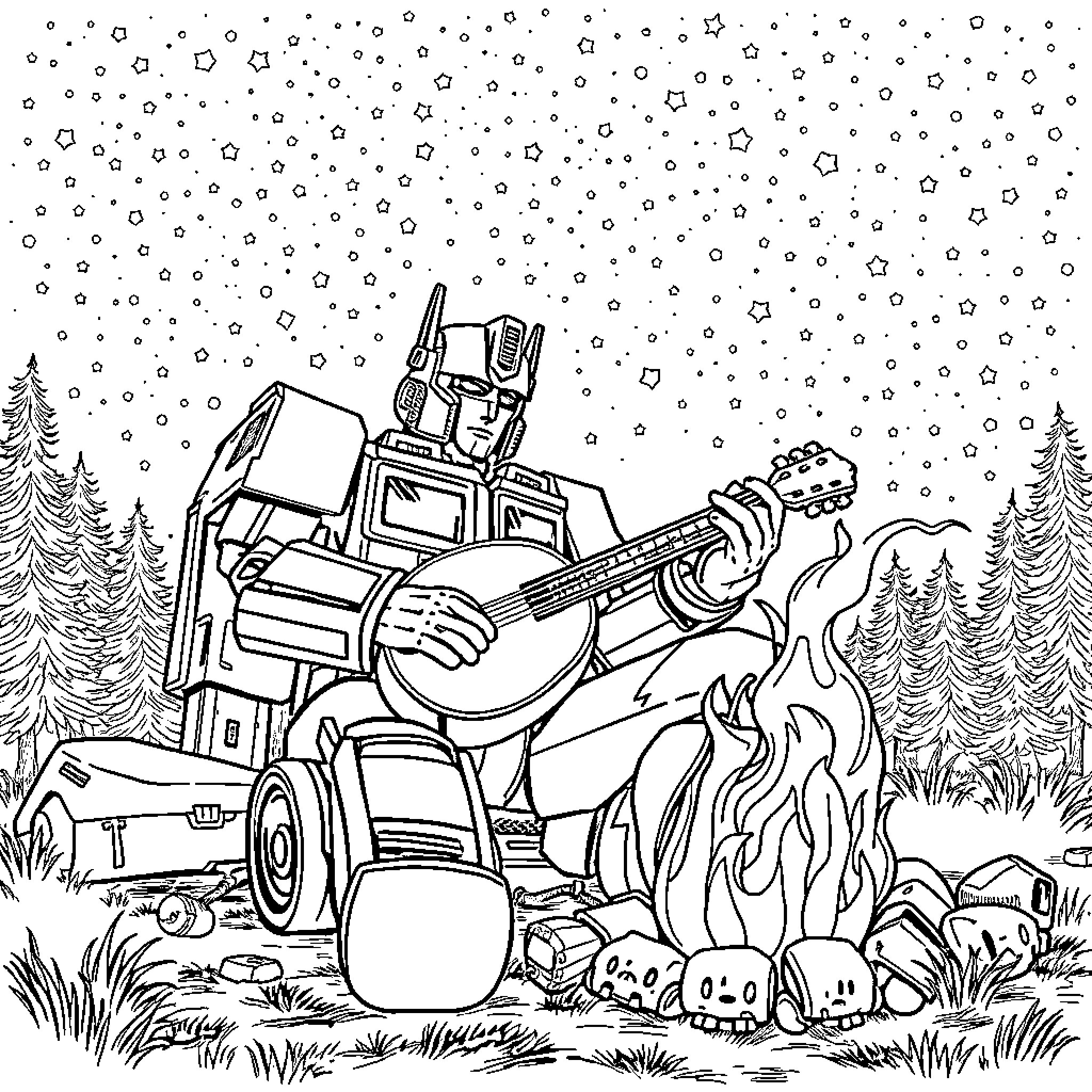 Optimus Prime playing guitar by the campfire Coloring Page (free black-and-white line drawing printable PDF for all, from beginners to advanced learners, including children, teens, adults, and seniors)
