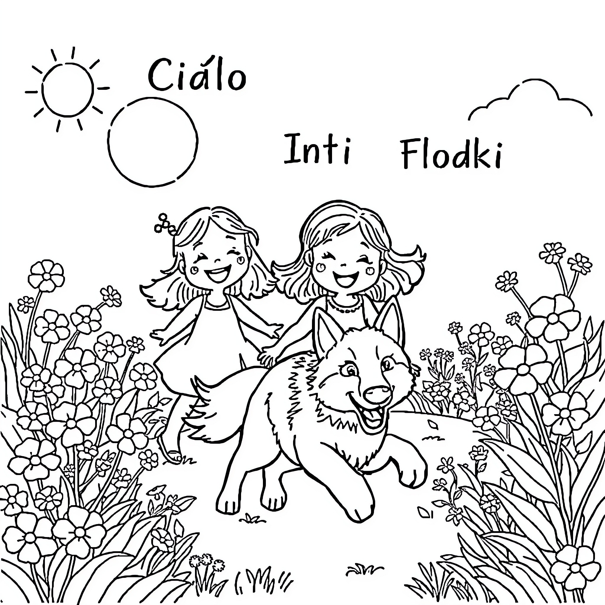 Girl Plays with Wolf Companion in Floral Field Coloring Page (free black-and-white line drawing printable PDF for all, from beginners to advanced learners, including children, teens, adults, and seniors)