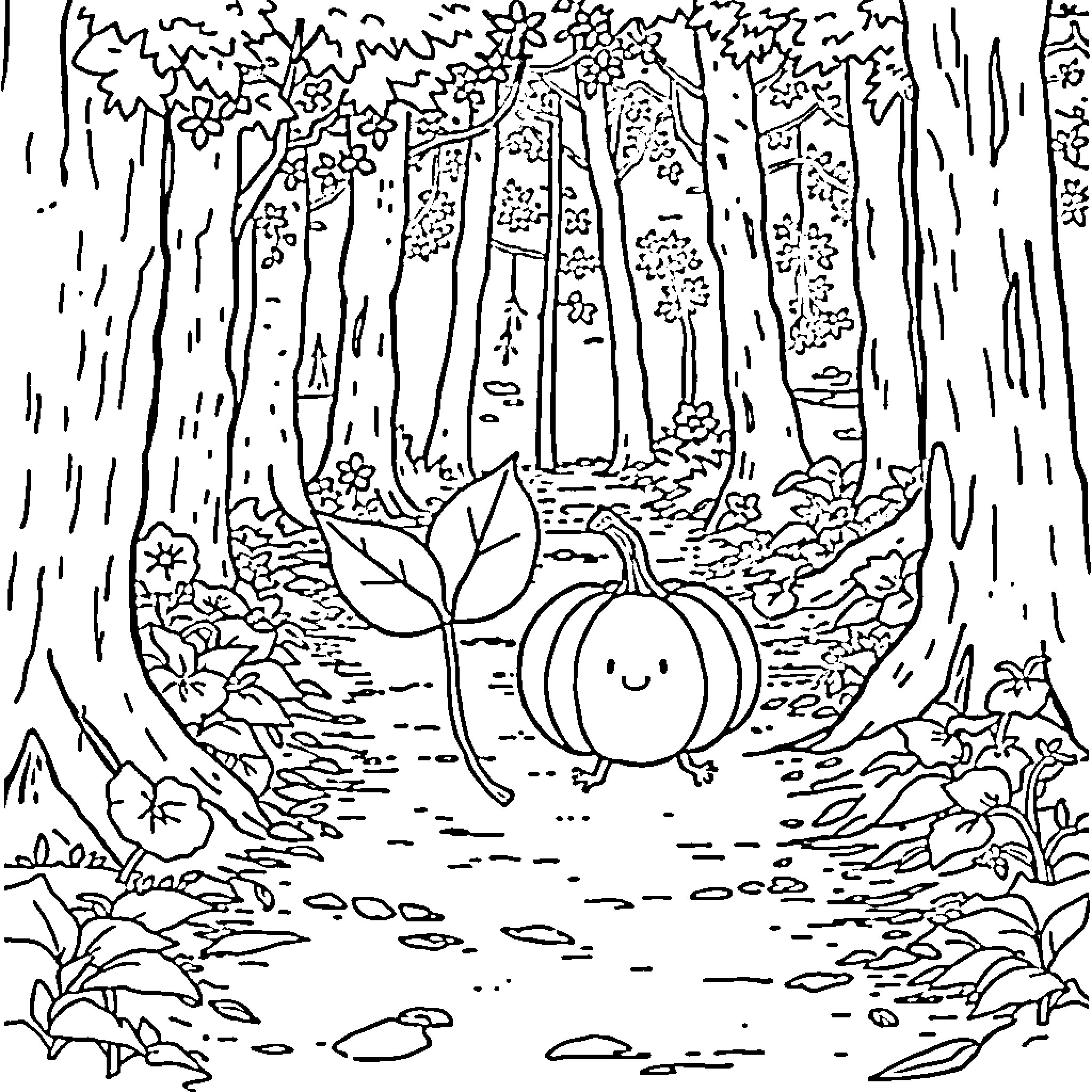 Leaf-shaped creature exploring a forest path Coloring Page (free black-and-white line drawing printable PDF for all, from beginners to advanced learners, including children, teens, adults, and seniors)