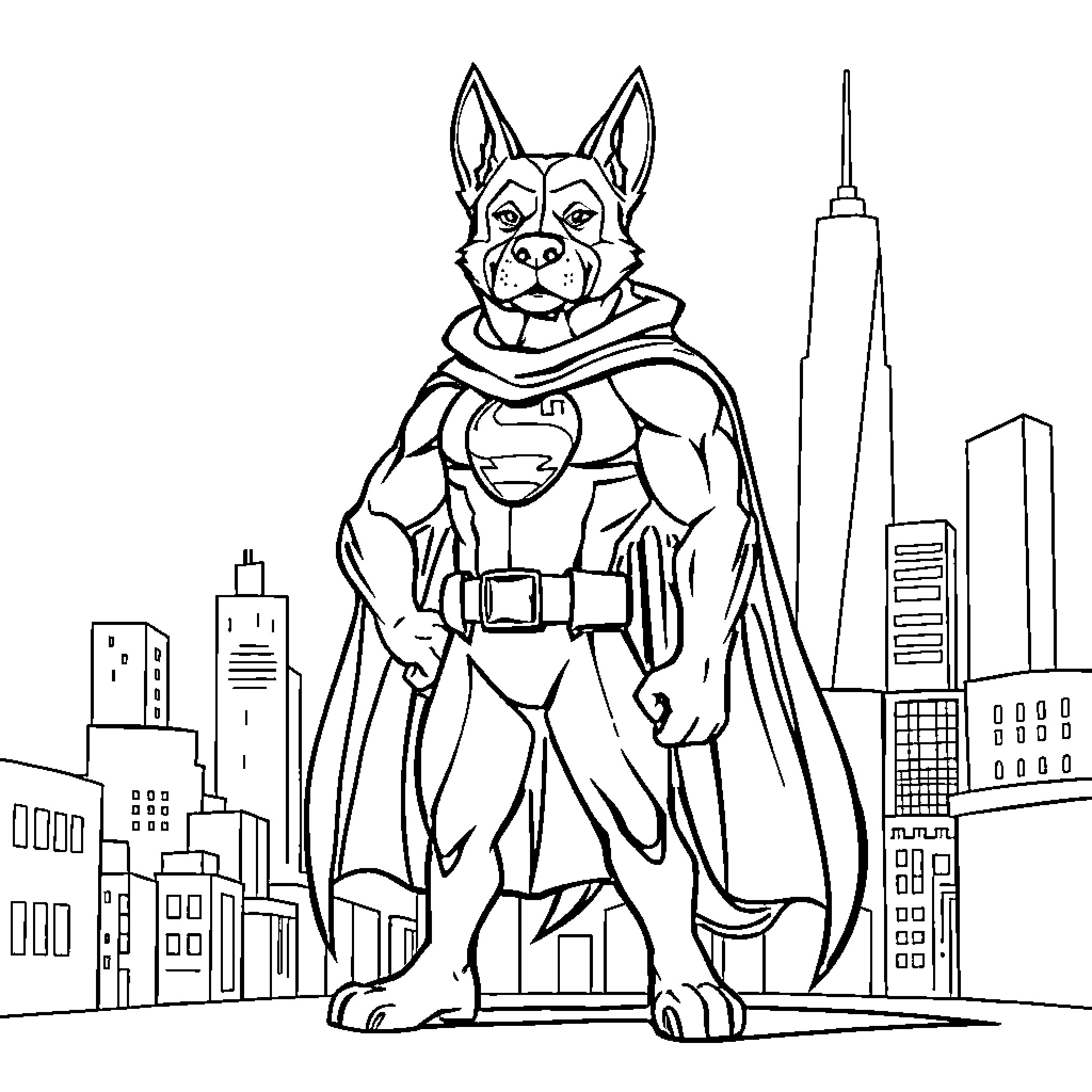Dogman Heroically Stands Tall in the City Skyline Coloring Page (free black-and-white line drawing printable PDF for all, from beginners to advanced learners, including children, teens, adults, and seniors)