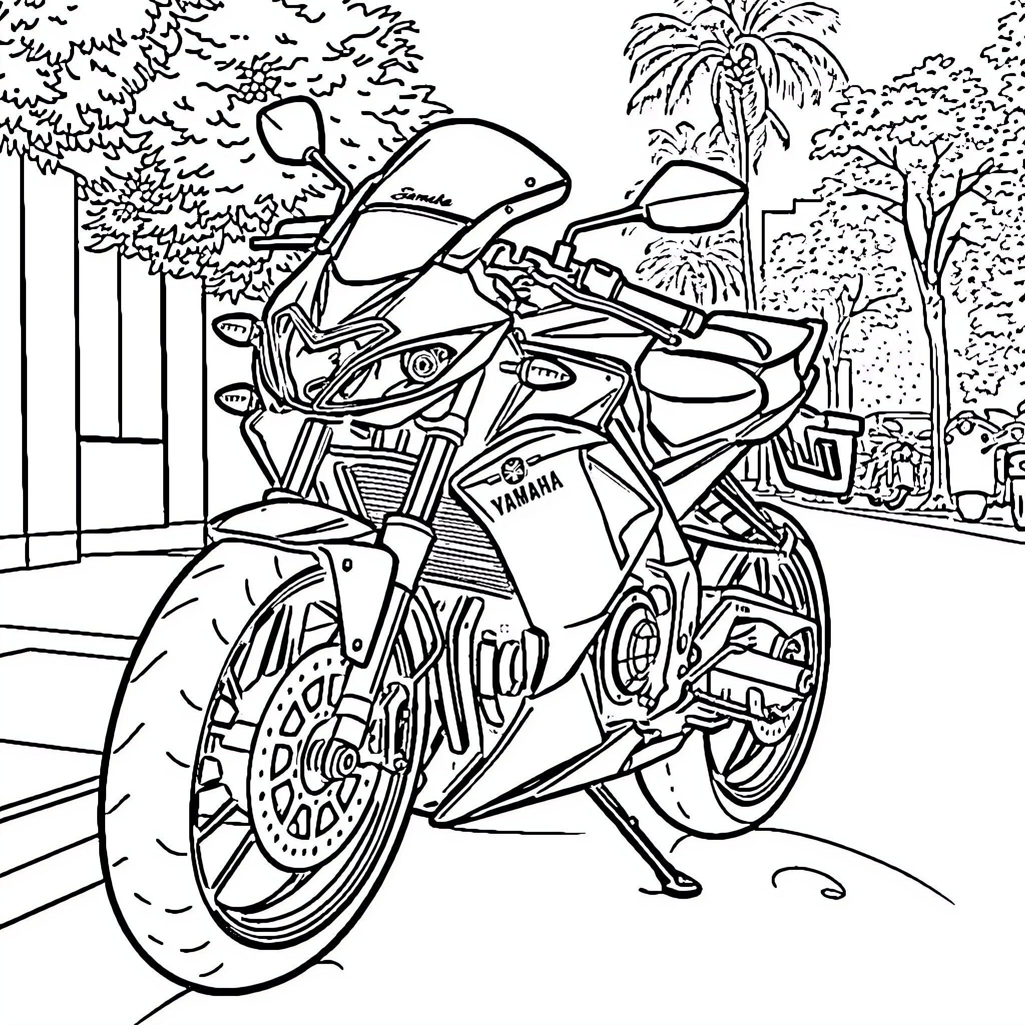 Moto bike speeding down the city street Coloring Page (free black-and-white line drawing printable PDF for all, from beginners to advanced learners, including children, teens, adults, and seniors)