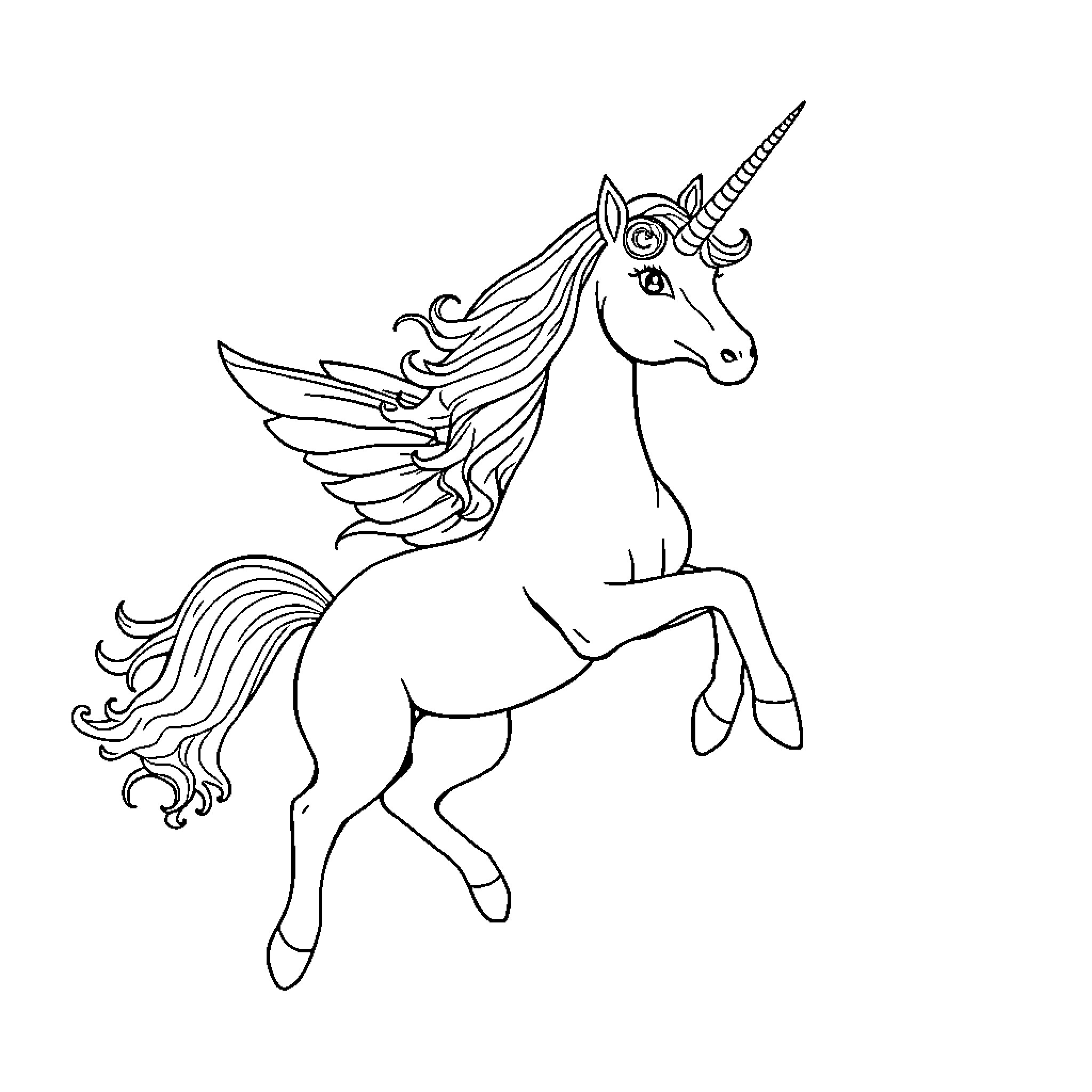 Unicorn with ornate headpiece and flowing mane Coloring Page (free black-and-white line drawing printable PDF for all, from beginners to advanced learners, including children, teens, adults, and seniors)