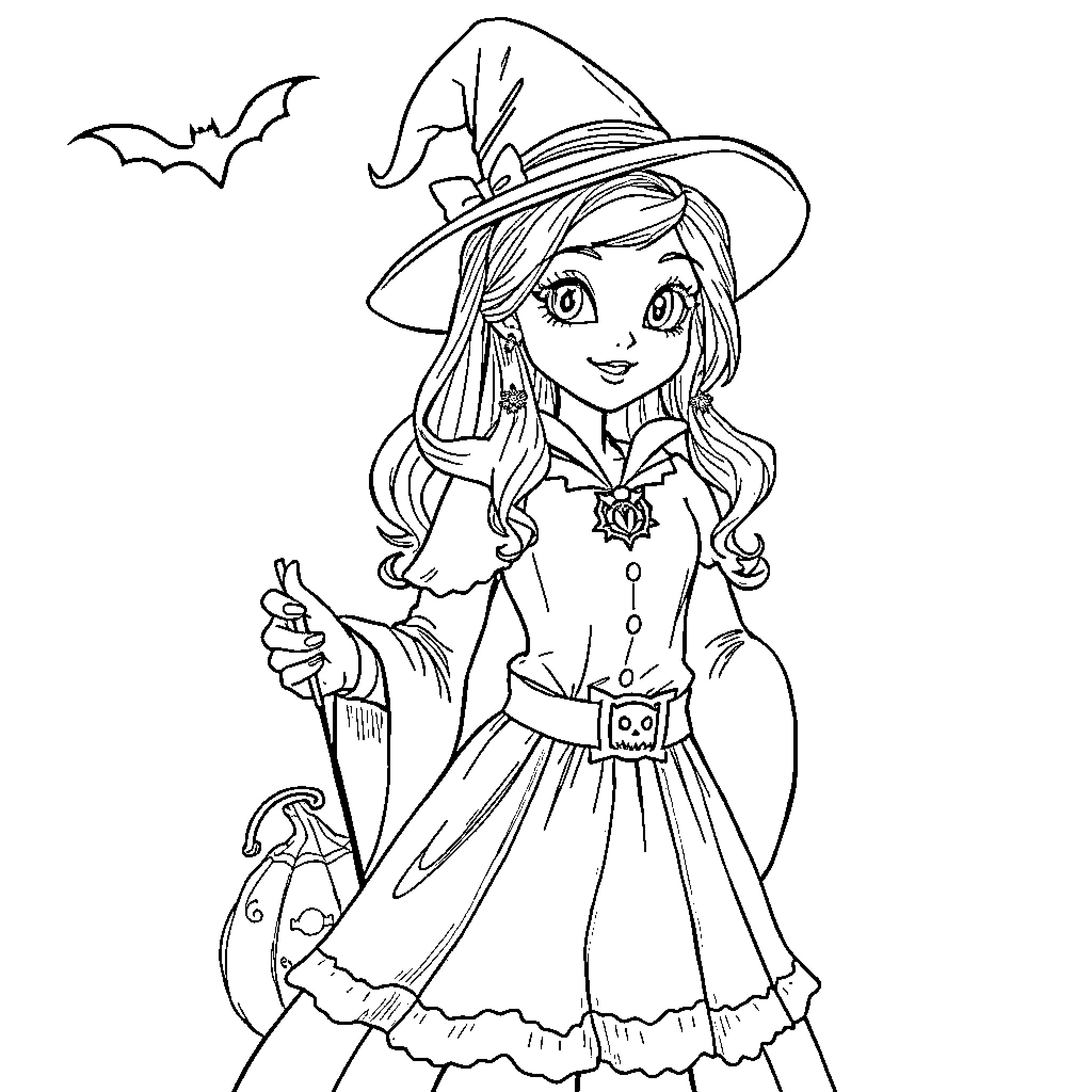 Bella the Witch Casting a Spell Coloring Page (free black-and-white line drawing printable PDF for all, from beginners to advanced learners, including children, teens, adults, and seniors)