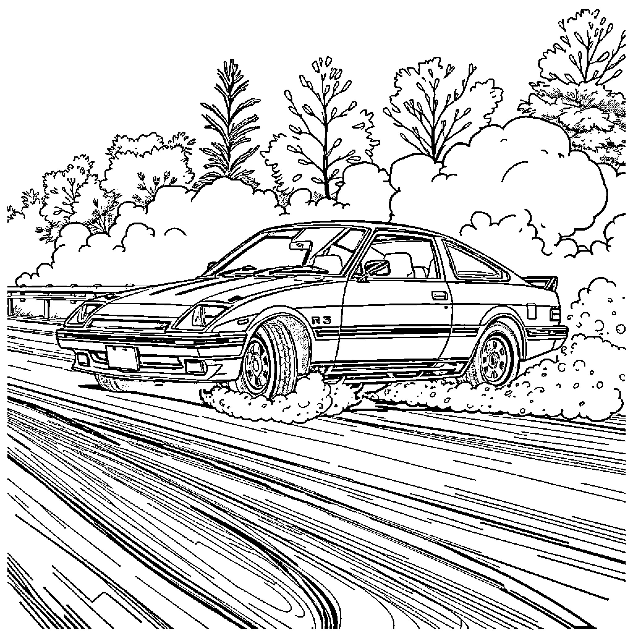 Mazda racing through a wooded area Coloring Page (free black-and-white line drawing printable PDF for all, from beginners to advanced learners, including children, teens, adults, and seniors)