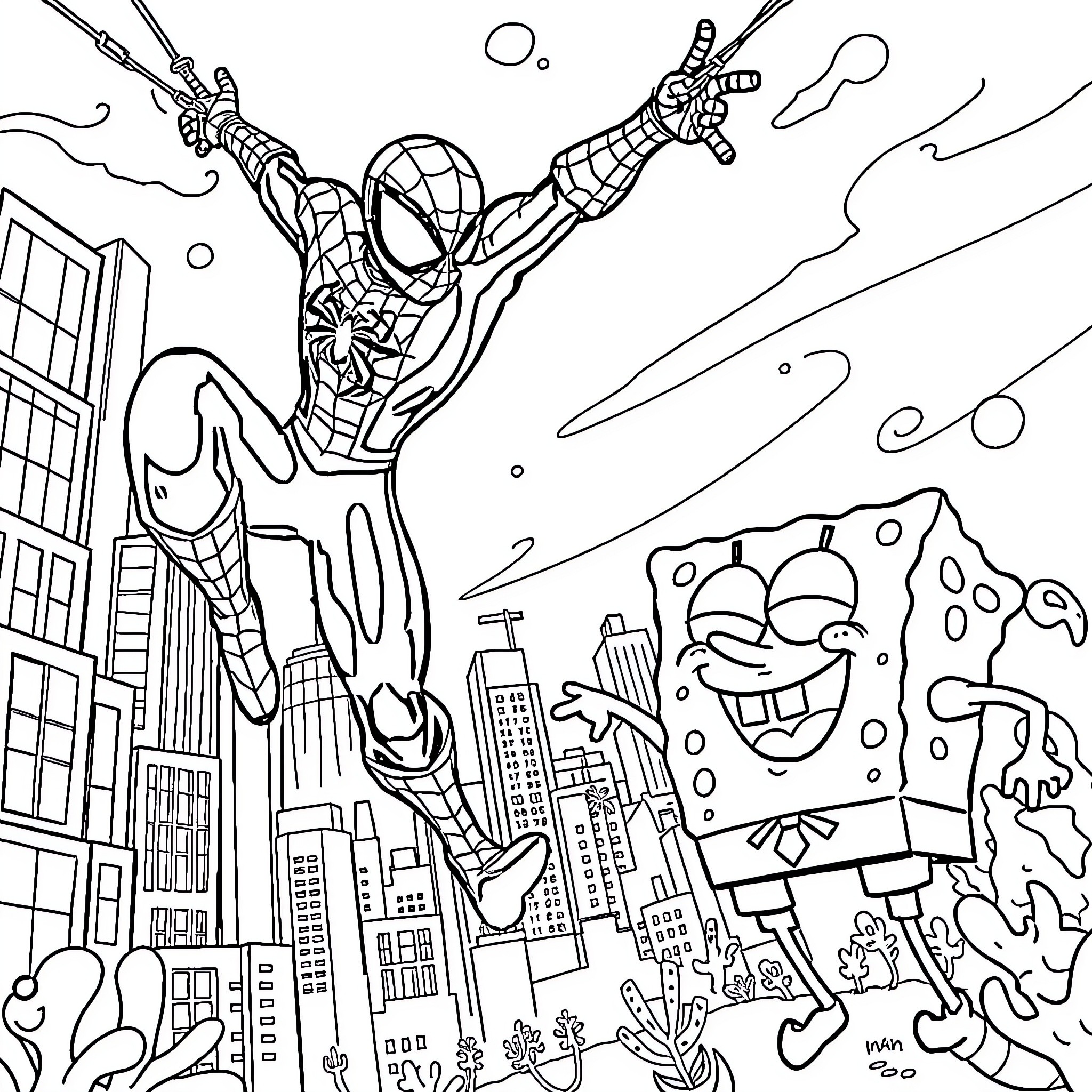 Spiderman swinging through the city with Spongebob Coloring Page (free black-and-white line drawing printable PDF for all, from beginners to advanced learners, including children, teens, adults, and seniors)