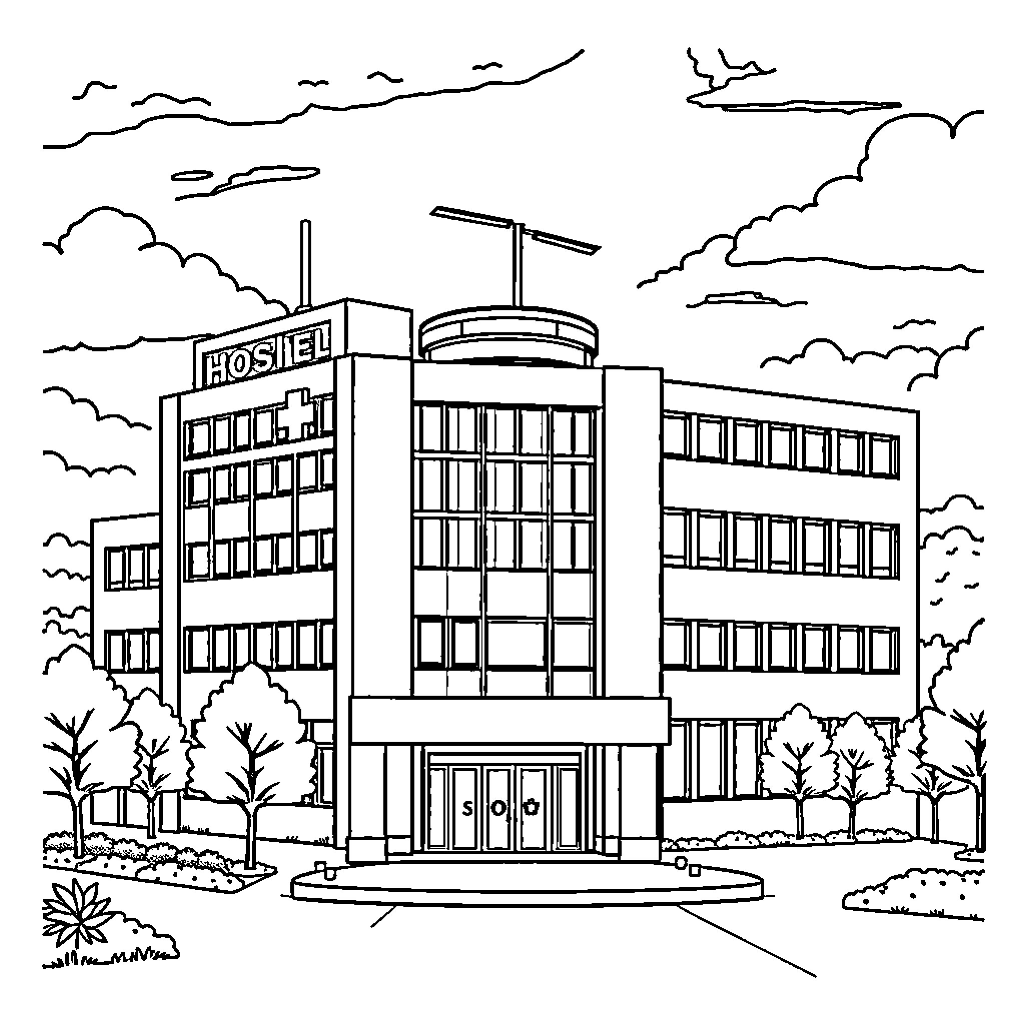 Hospital Building with Modern Architecture Coloring Page (free black-and-white line drawing printable PDF for all, from beginners to advanced learners, including children, teens, adults, and seniors)