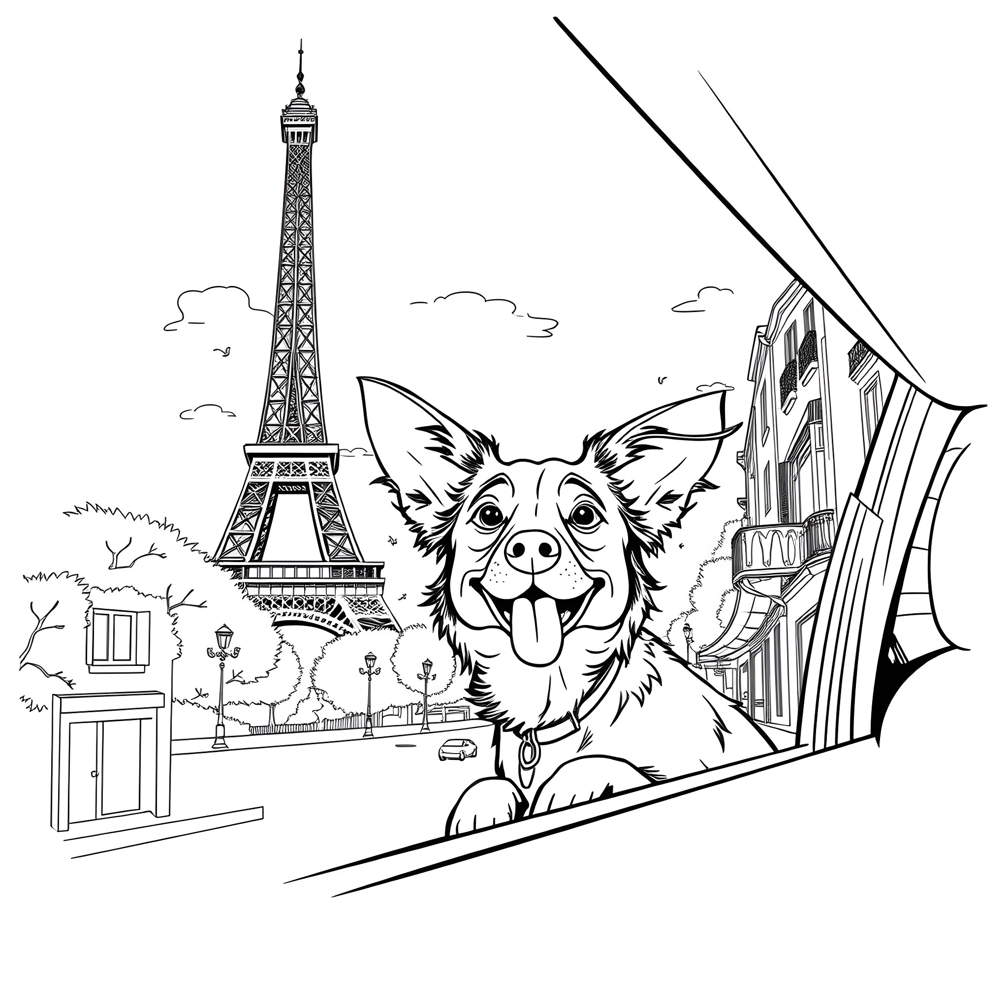 Dog enjoying the sights of Paris Coloring Page (free black-and-white line drawing printable PDF for all, from beginners to advanced learners, including children, teens, adults, and seniors)