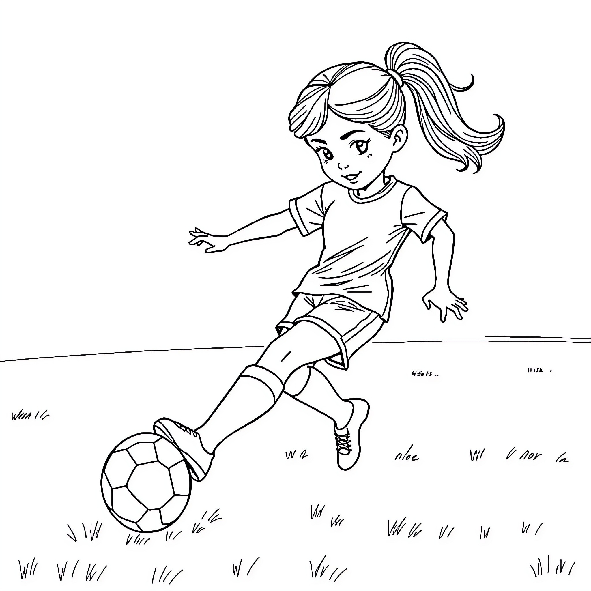 Girl playing with soccer ball on field Coloring Page (free black-and-white line drawing printable PDF for all, from beginners to advanced learners, including children, teens, adults, and seniors)