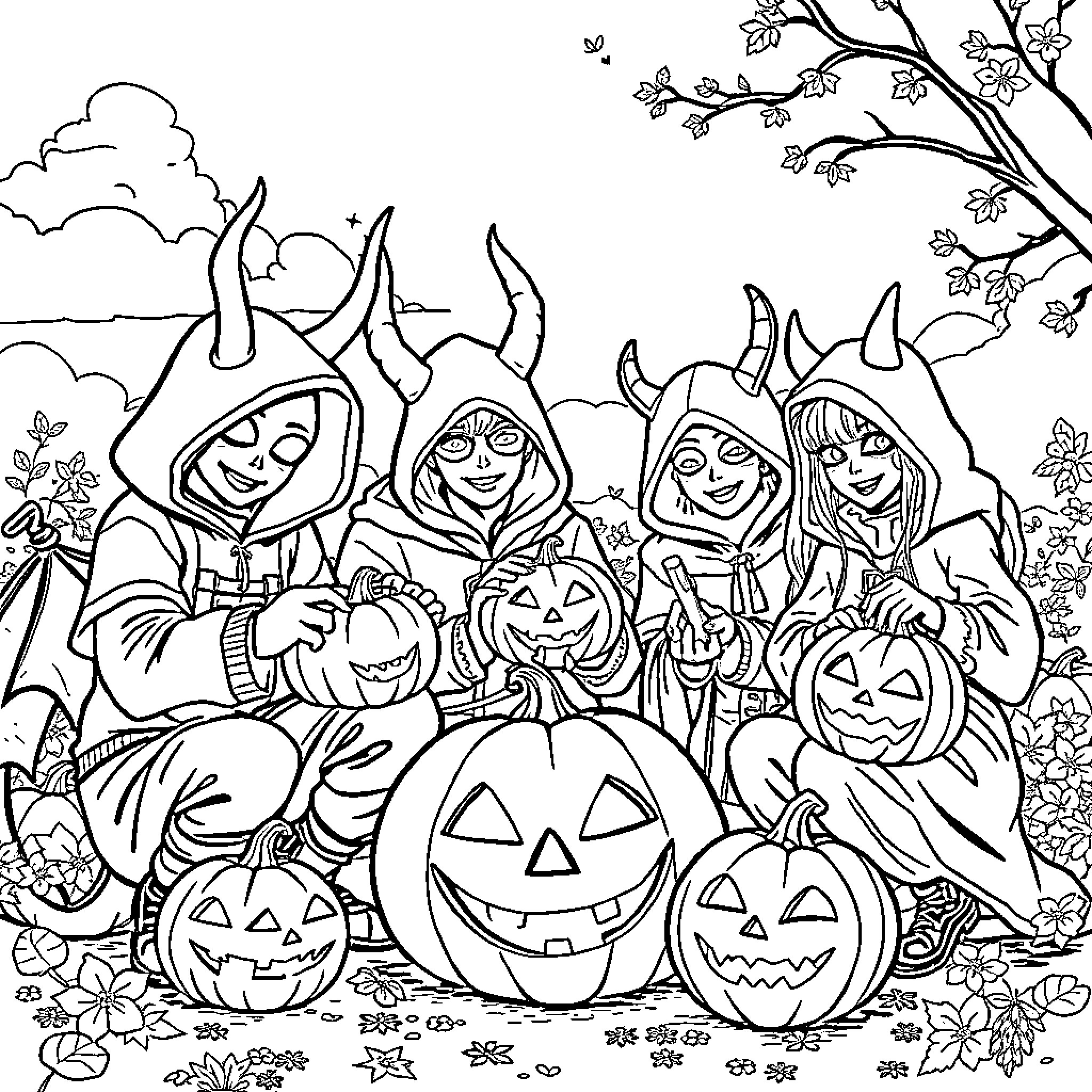 Demon Hunters celebrate Halloween in a festive scene Coloring Page (free black-and-white line drawing printable PDF for all, from beginners to advanced learners, including children, teens, adults, and seniors)