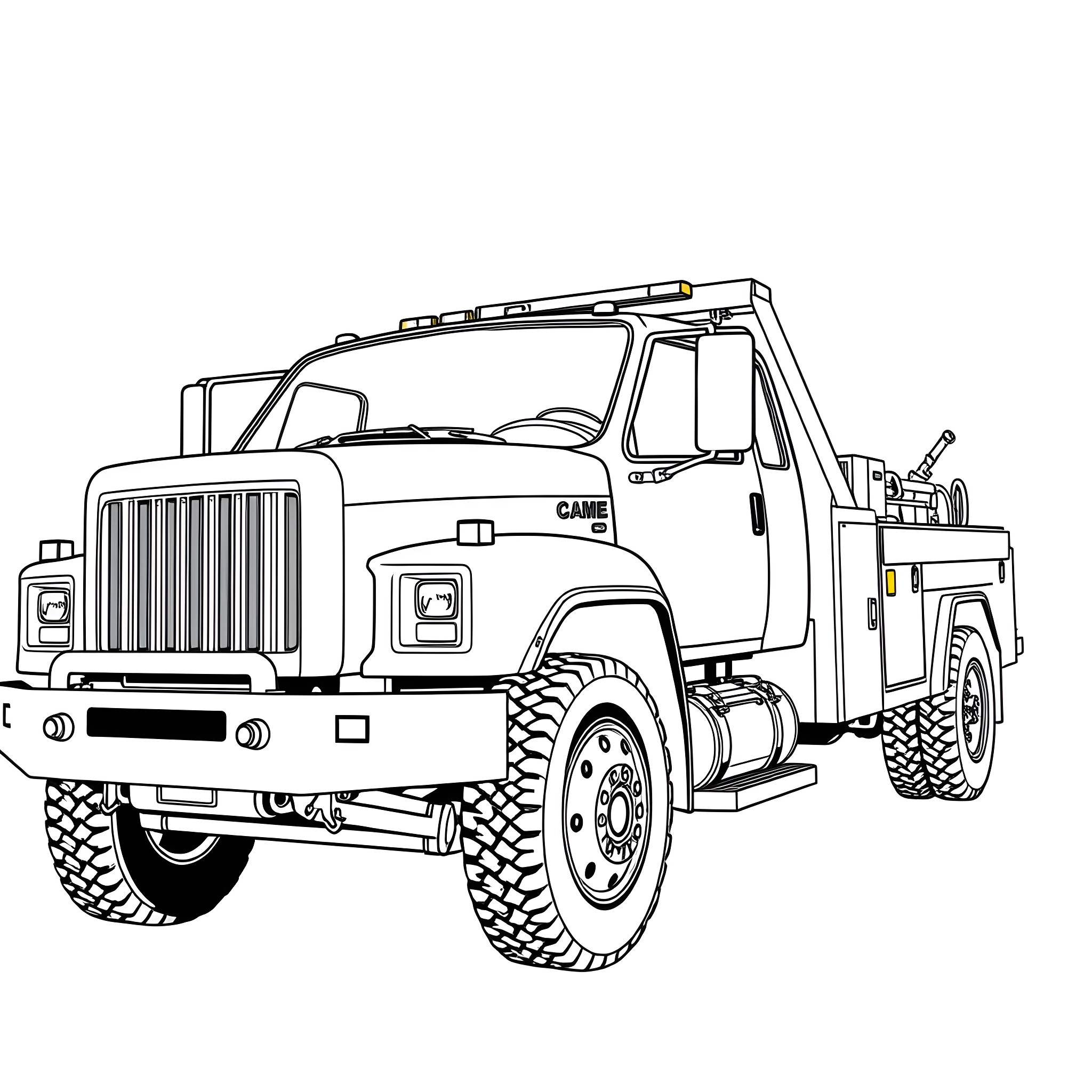 Wrecker truck transporting a damaged vehicle Coloring Page (free black-and-white line drawing printable PDF for all, from beginners to advanced learners, including children, teens, adults, and seniors)