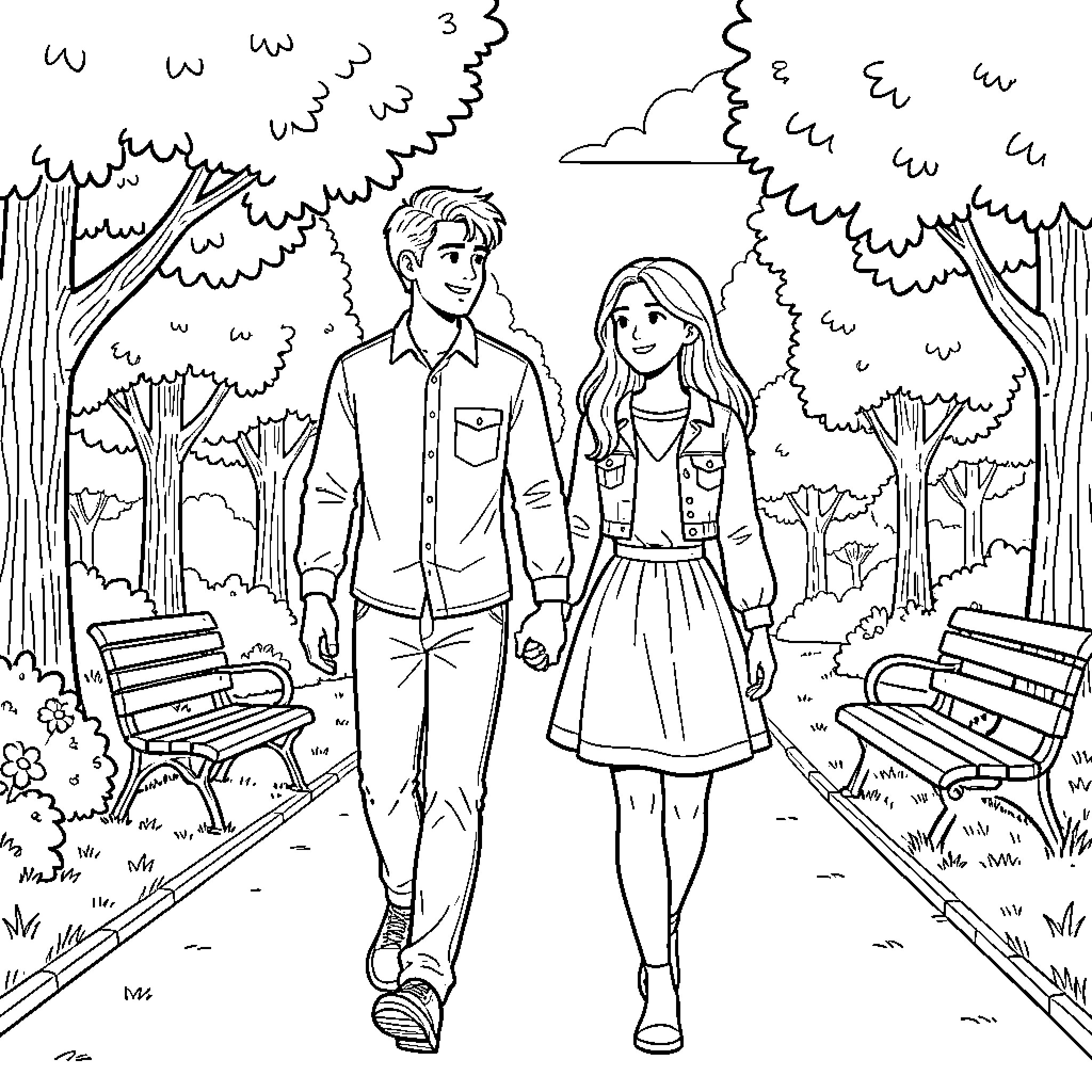 Young People walking hand in hand through a park Coloring Page (free black-and-white line drawing printable PDF for all, from beginners to advanced learners, including children, teens, adults, and seniors)