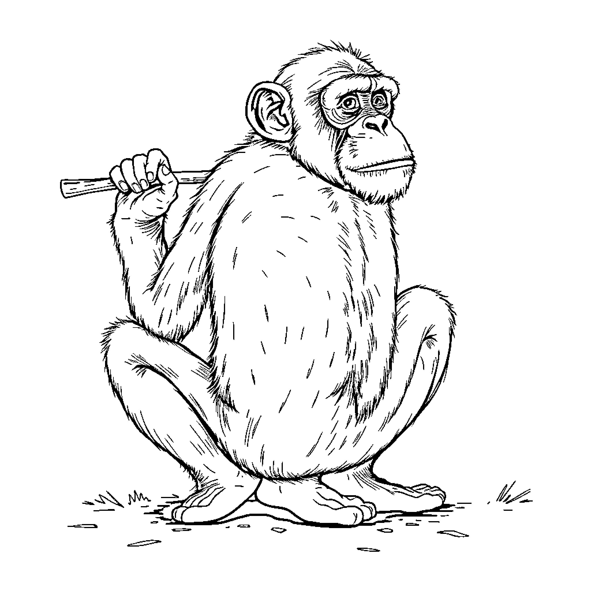 Chimpanzee with a Stick in Hand Coloring Page (free black-and-white line drawing printable PDF for all, from beginners to advanced learners, including children, teens, adults, and seniors)