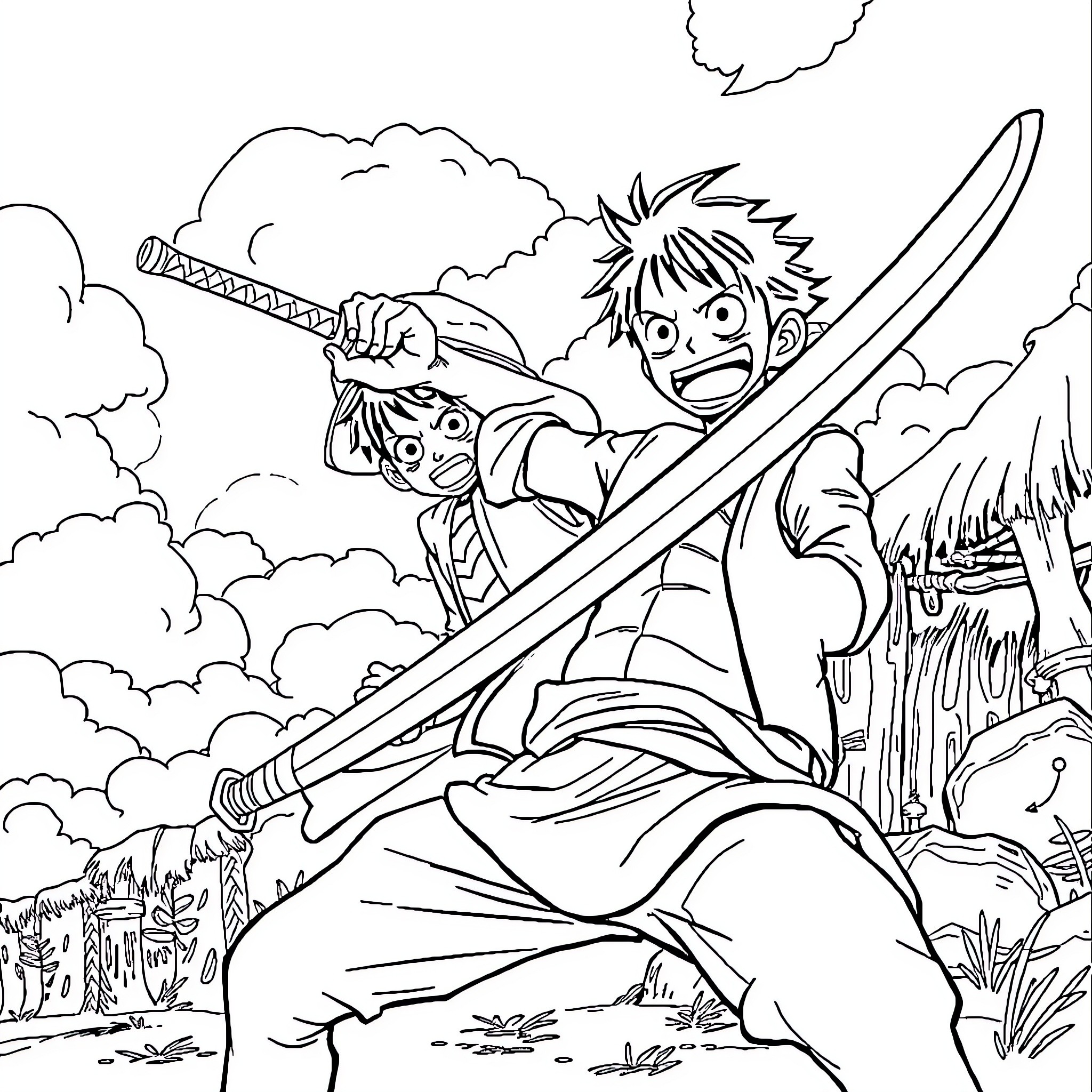 Monkey D Luffy engaged in an intense battle Coloring Page (free black-and-white line drawing printable PDF for all, from beginners to advanced learners, including children, teens, adults, and seniors)