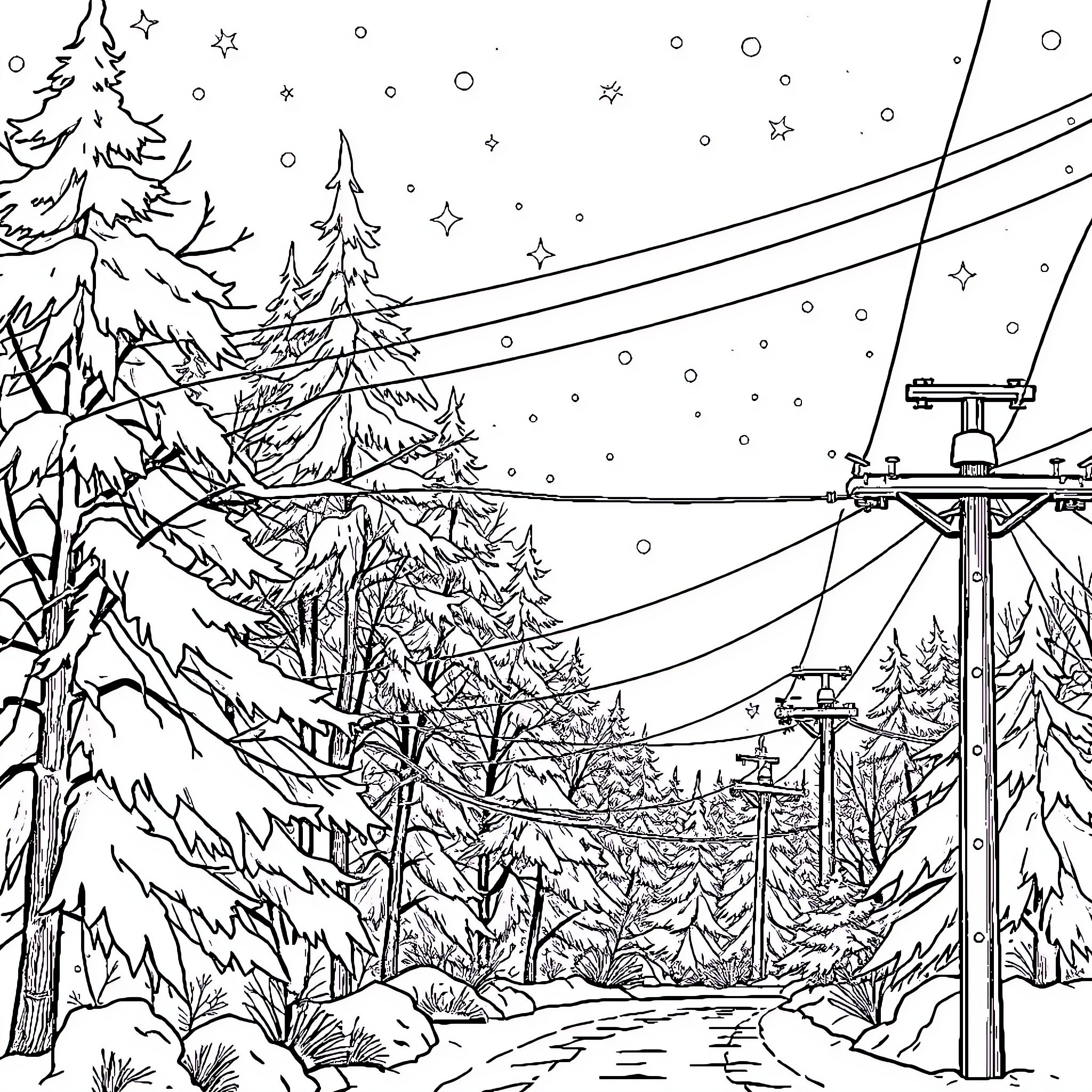 Electrical Snowy Winter Wonderland with Ski Lift Coloring Page (free black-and-white line drawing printable PDF for all, from beginners to advanced learners, including children, teens, adults, and seniors)