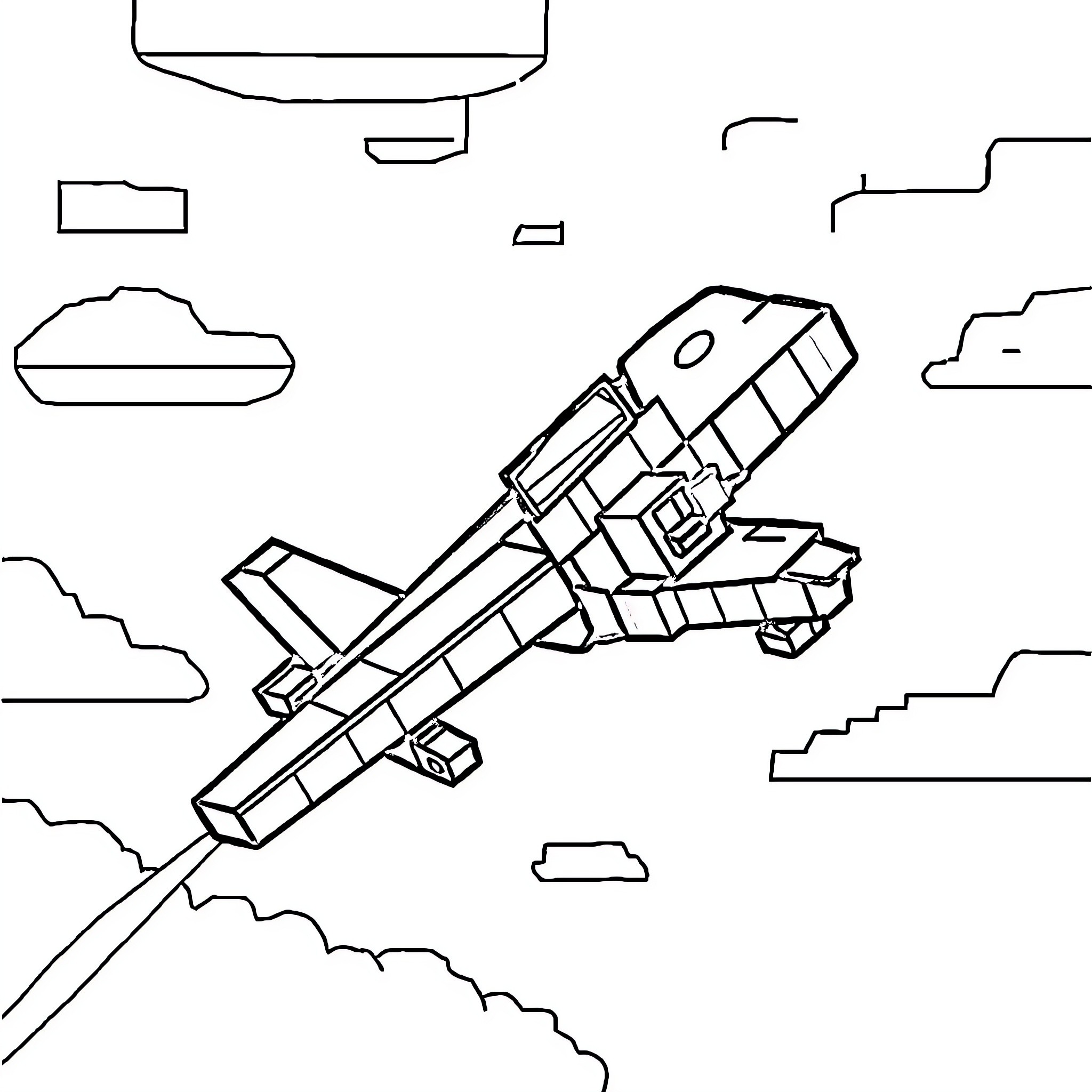 Minecraft Airplane flying in the sky Coloring Page (free black-and-white line drawing printable PDF for all, from beginners to advanced learners, including children, teens, adults, and seniors)