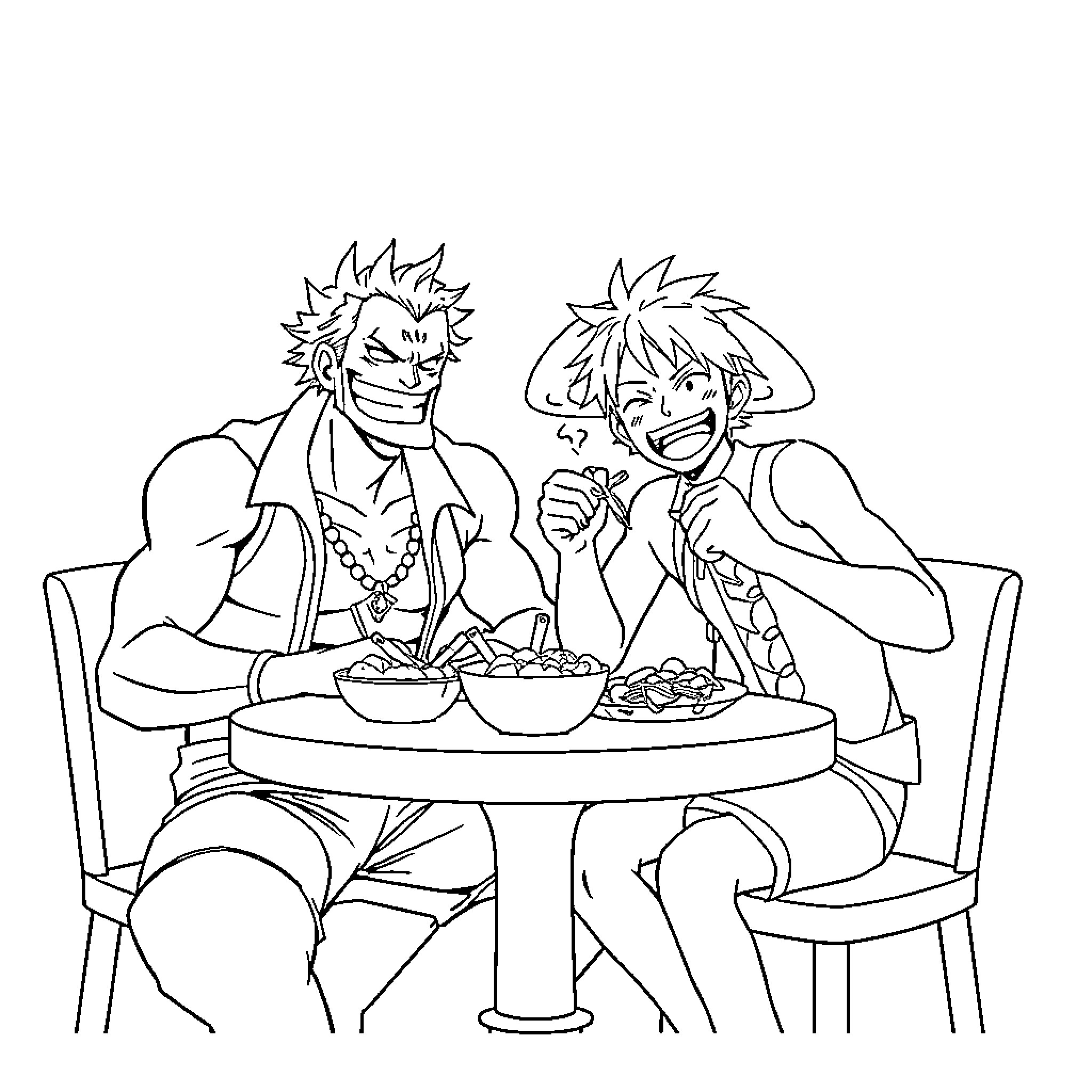 All Might and friend enjoying a meal together Coloring Page (free black-and-white line drawing printable PDF for all, from beginners to advanced learners, including children, teens, adults, and seniors)