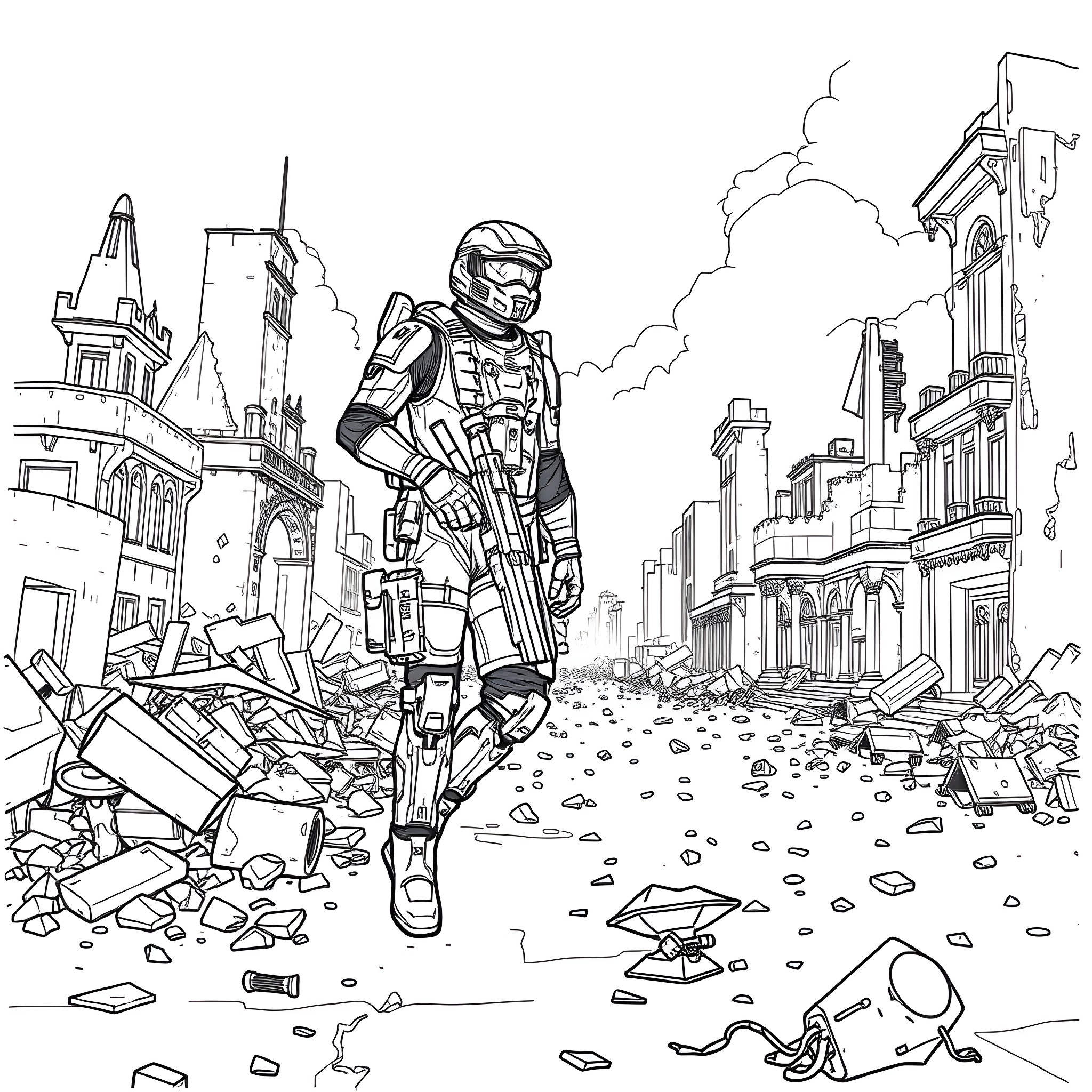 Halo ODST: Lone soldier navigates devastated urban landscape Coloring Page (free black-and-white line drawing printable PDF for all, from beginners to advanced learners, including children, teens, adults, and seniors)