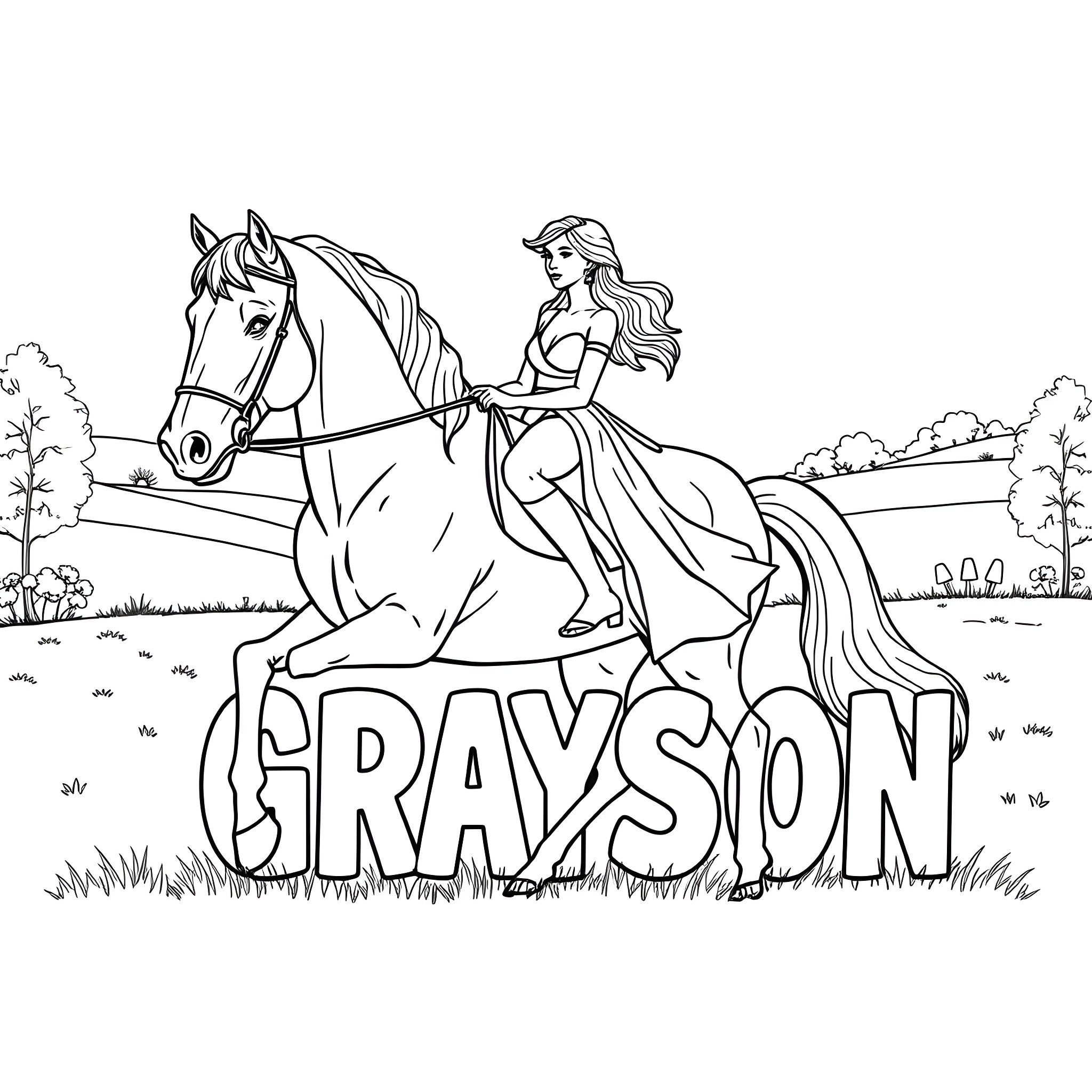 Grayson riding a horse in a scenic landscape Coloring Page (free black-and-white line drawing printable PDF for all, from beginners to advanced learners, including children, teens, adults, and seniors)
