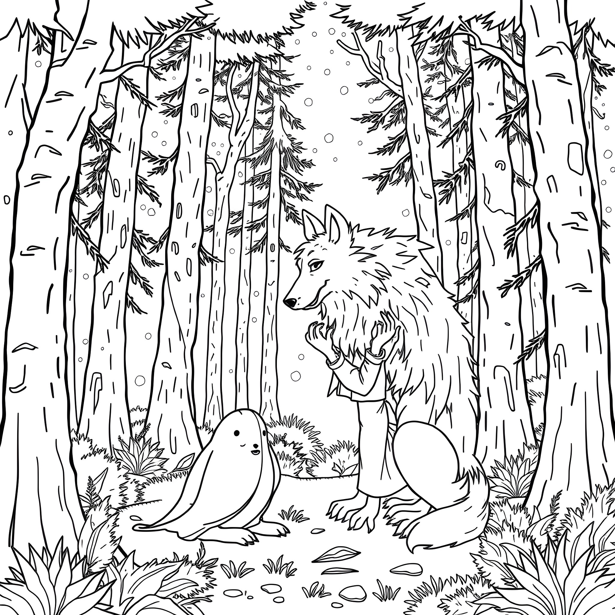Wolf in a snowy forest with a bird Coloring Page (free black-and-white line drawing printable PDF for all, from beginners to advanced learners, including children, teens, adults, and seniors)
