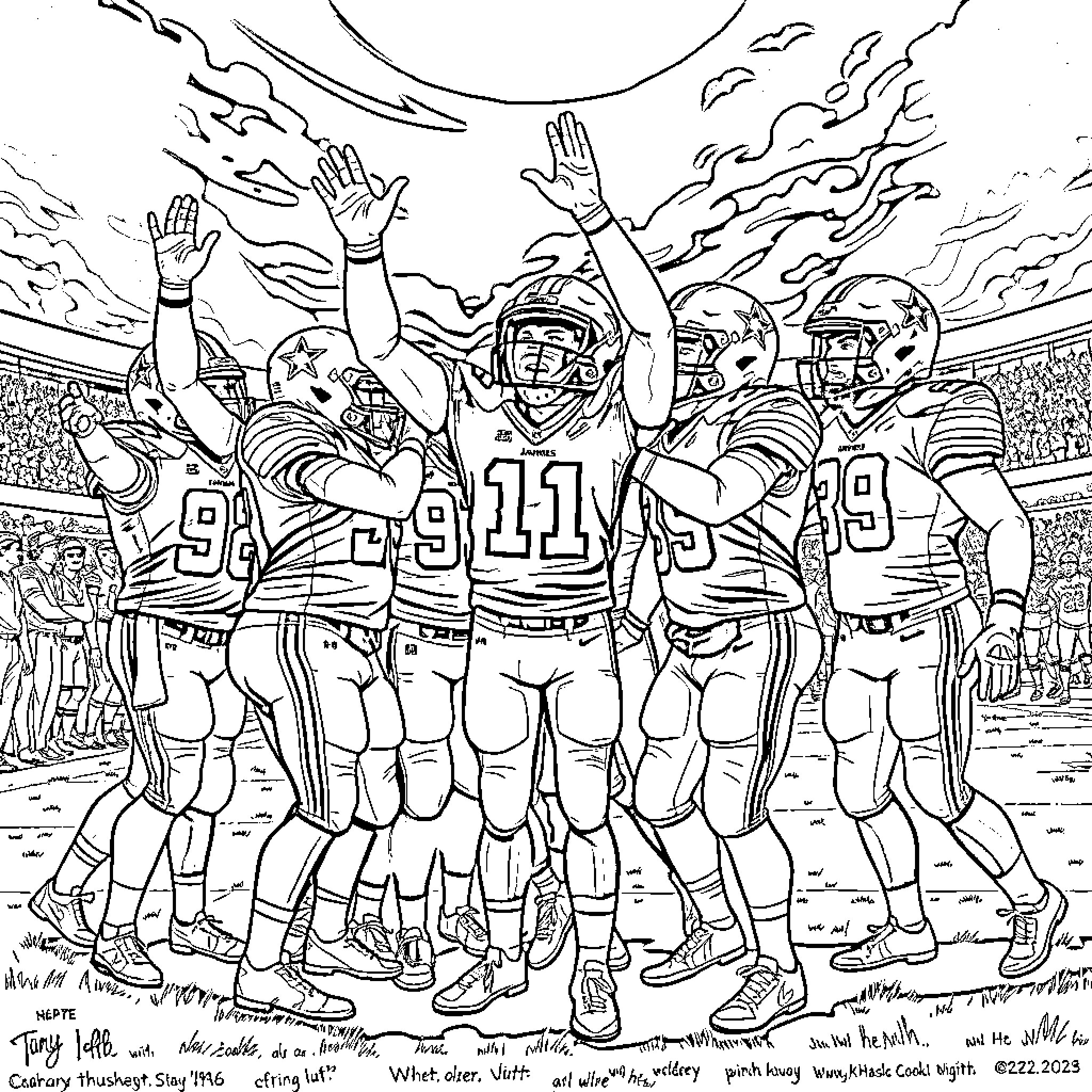 Jayden Daniel's Football Team Celebrates Victory Coloring Page (free black-and-white line drawing printable PDF for all, from beginners to advanced learners, including children, teens, adults, and seniors)