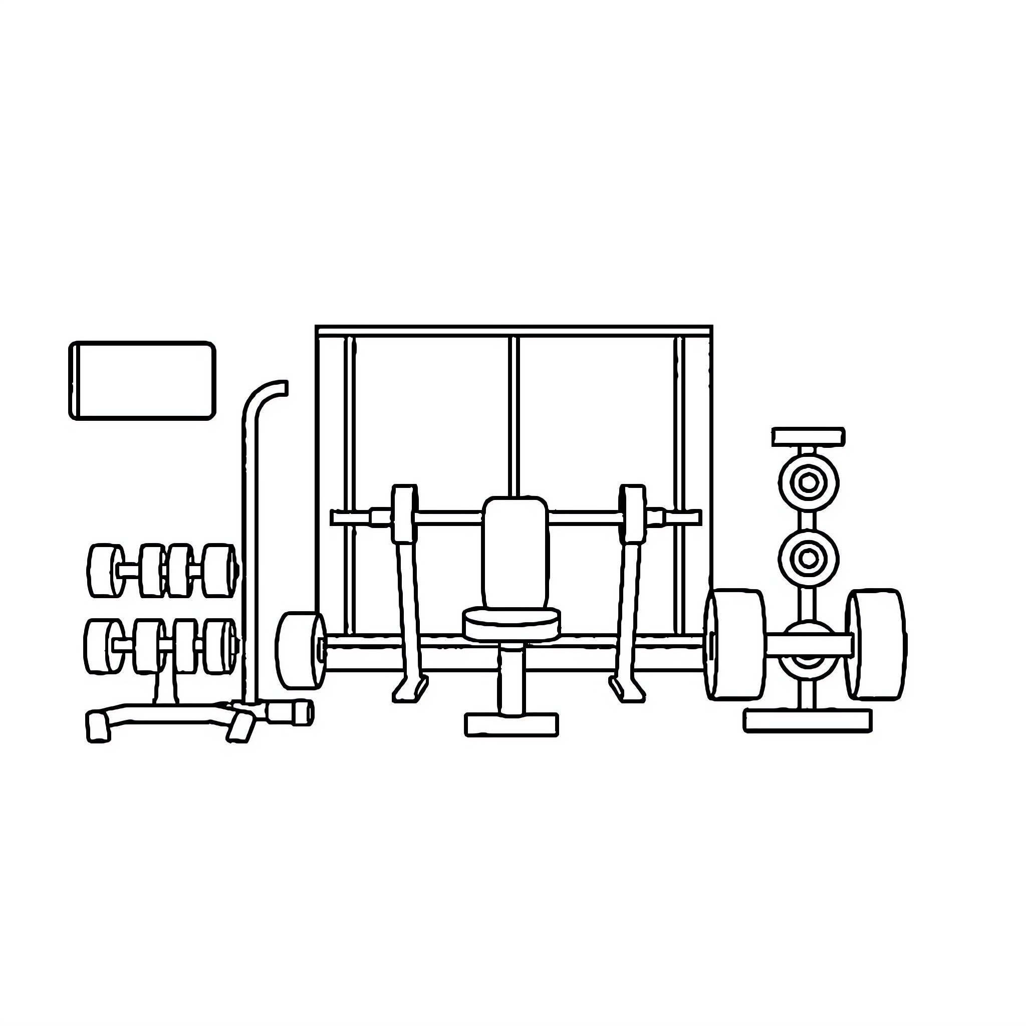Gym Pictogram of Exercise Equipment Coloring Page (free black-and-white line drawing printable PDF for all, from beginners to advanced learners, including children, teens, adults, and seniors)
