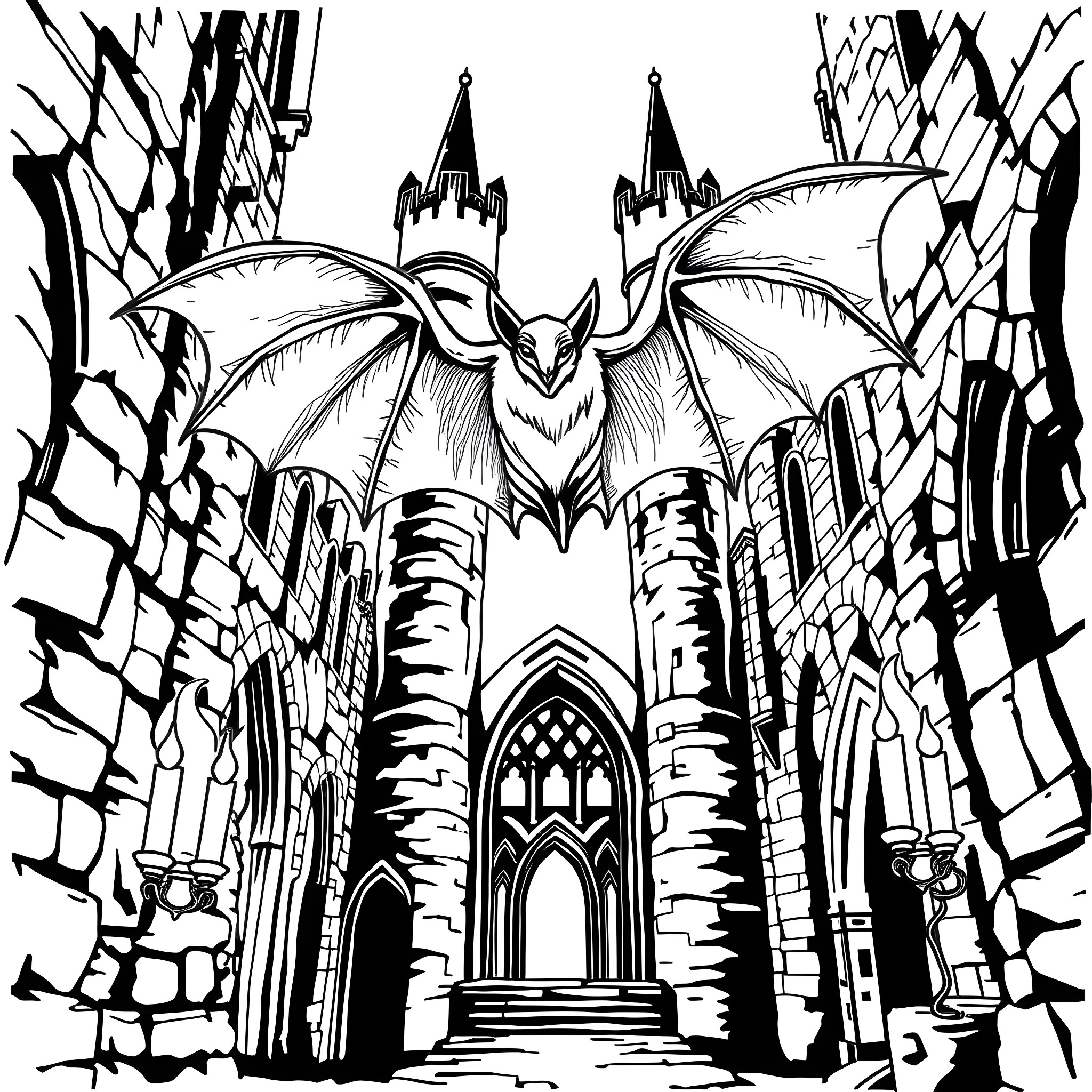 Bat swooping over a Gothic cathedral Coloring Page (free black-and-white line drawing printable PDF for all, from beginners to advanced learners, including children, teens, adults, and seniors)