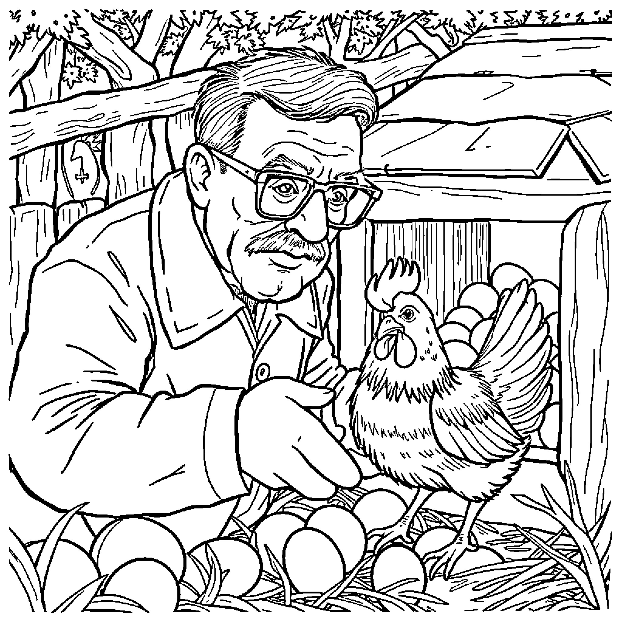 Communist farmer tending to his livestock in the countryside Coloring Page (free black-and-white line drawing printable PDF for all, from beginners to advanced learners, including children, teens, adults, and seniors)