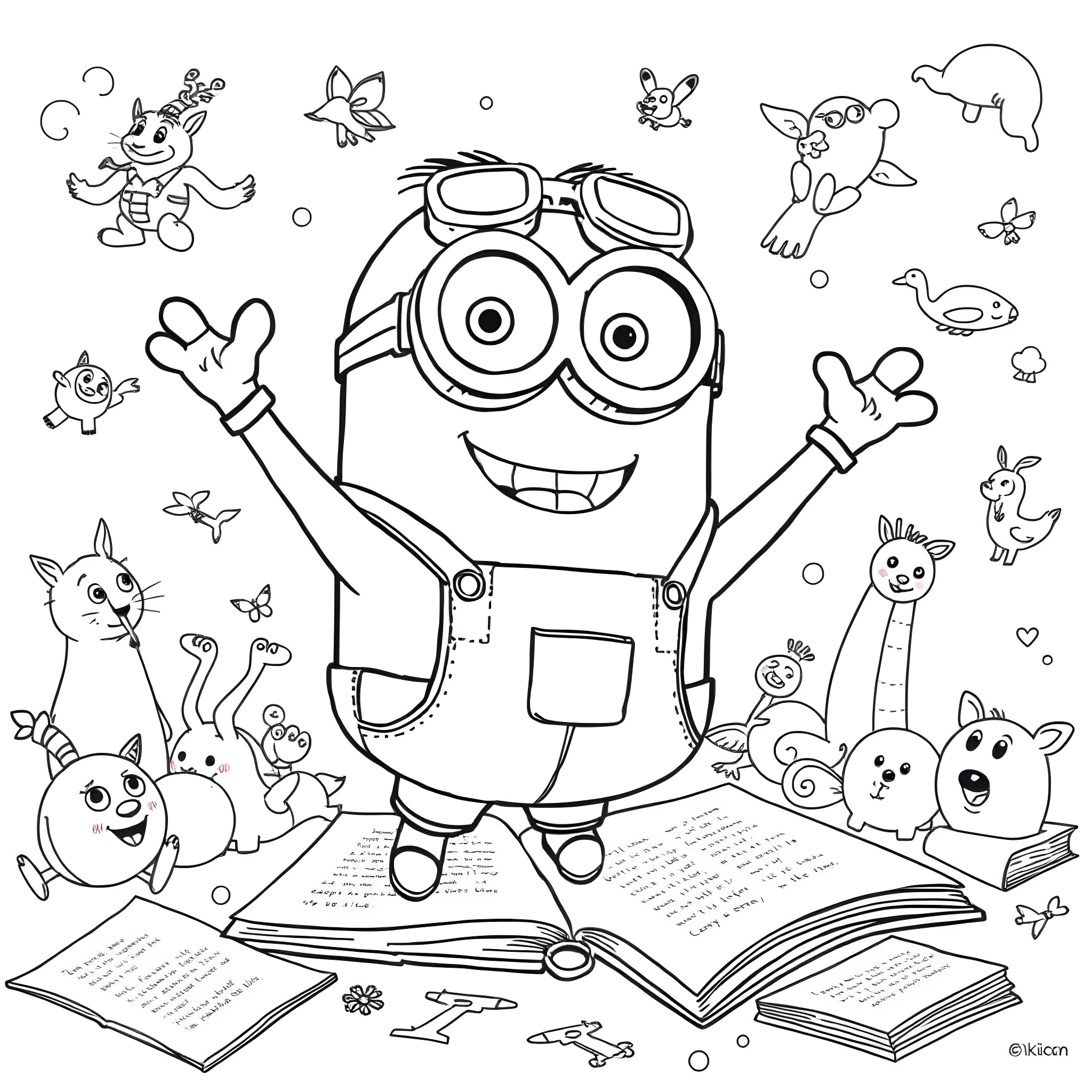 Minion reading joyfully with animal friends Coloring Page (free black-and-white line drawing printable PDF for all, from beginners to advanced learners, including children, teens, adults, and seniors)