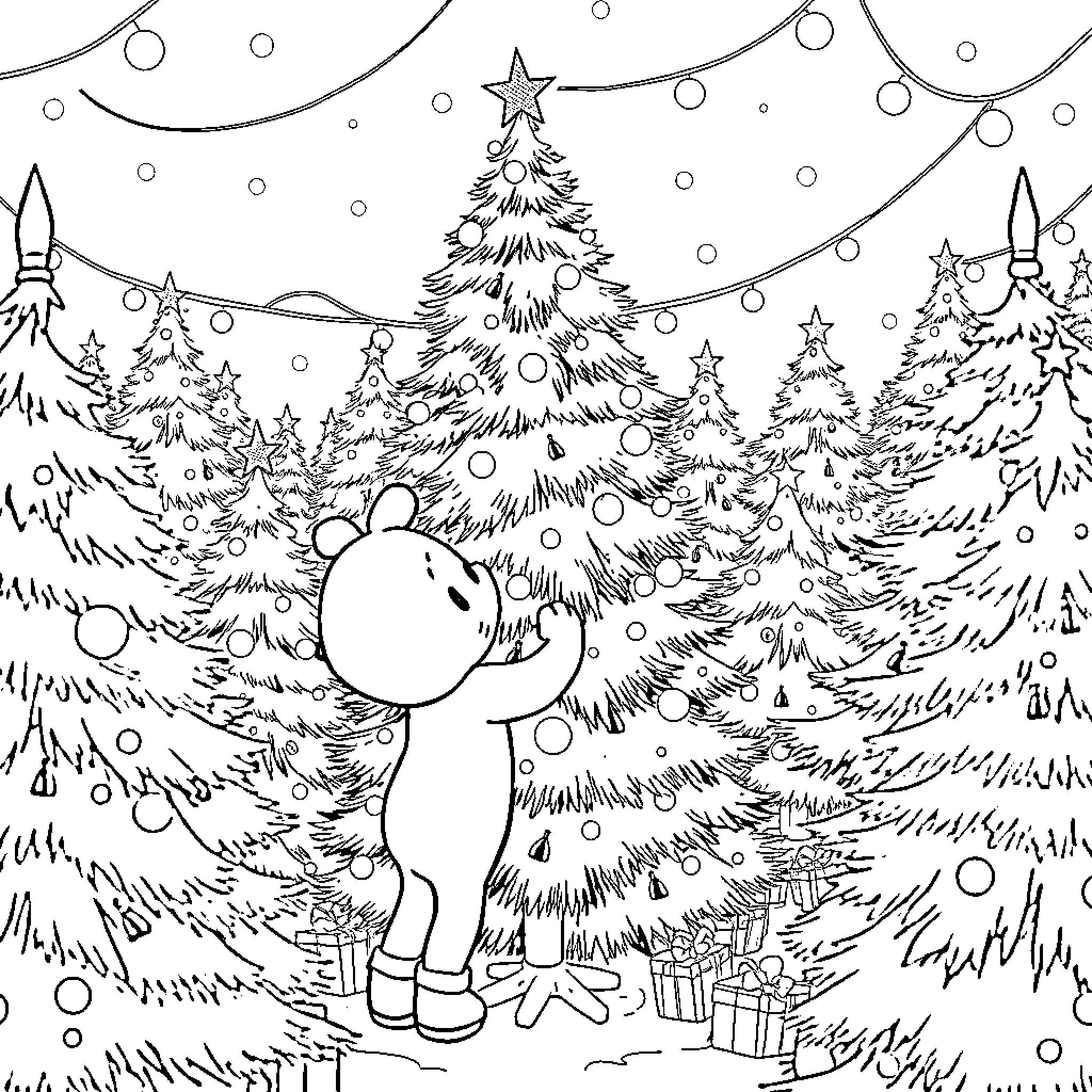 Bluey decorates the Christmas tree in the snowy forest Coloring Page (free black-and-white line drawing printable PDF for all, from beginners to advanced learners, including children, teens, adults, and seniors)