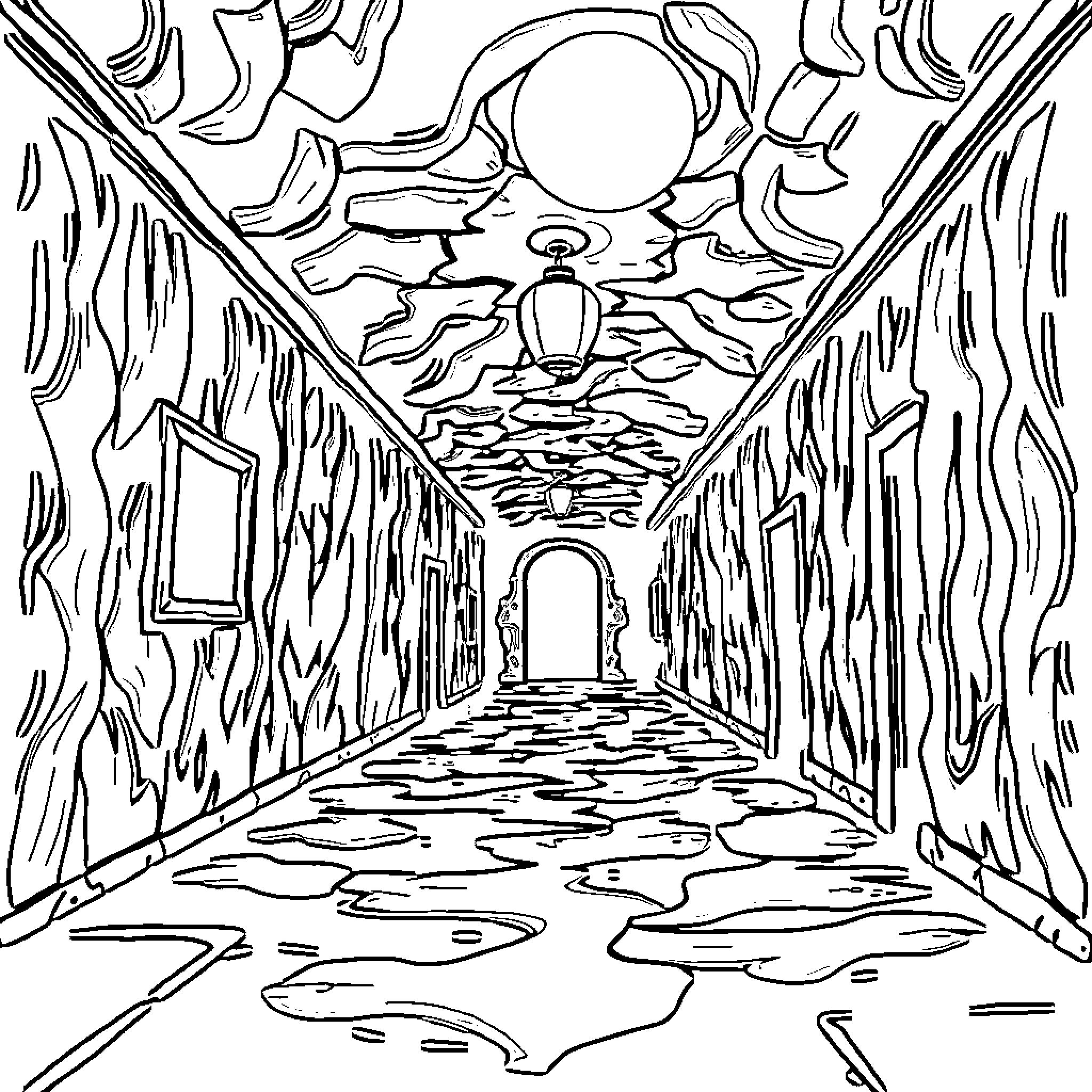 Backrooms - Surreal Otherworldly Corridor Coloring Page (free black-and-white line drawing printable PDF for all, from beginners to advanced learners, including children, teens, adults, and seniors)