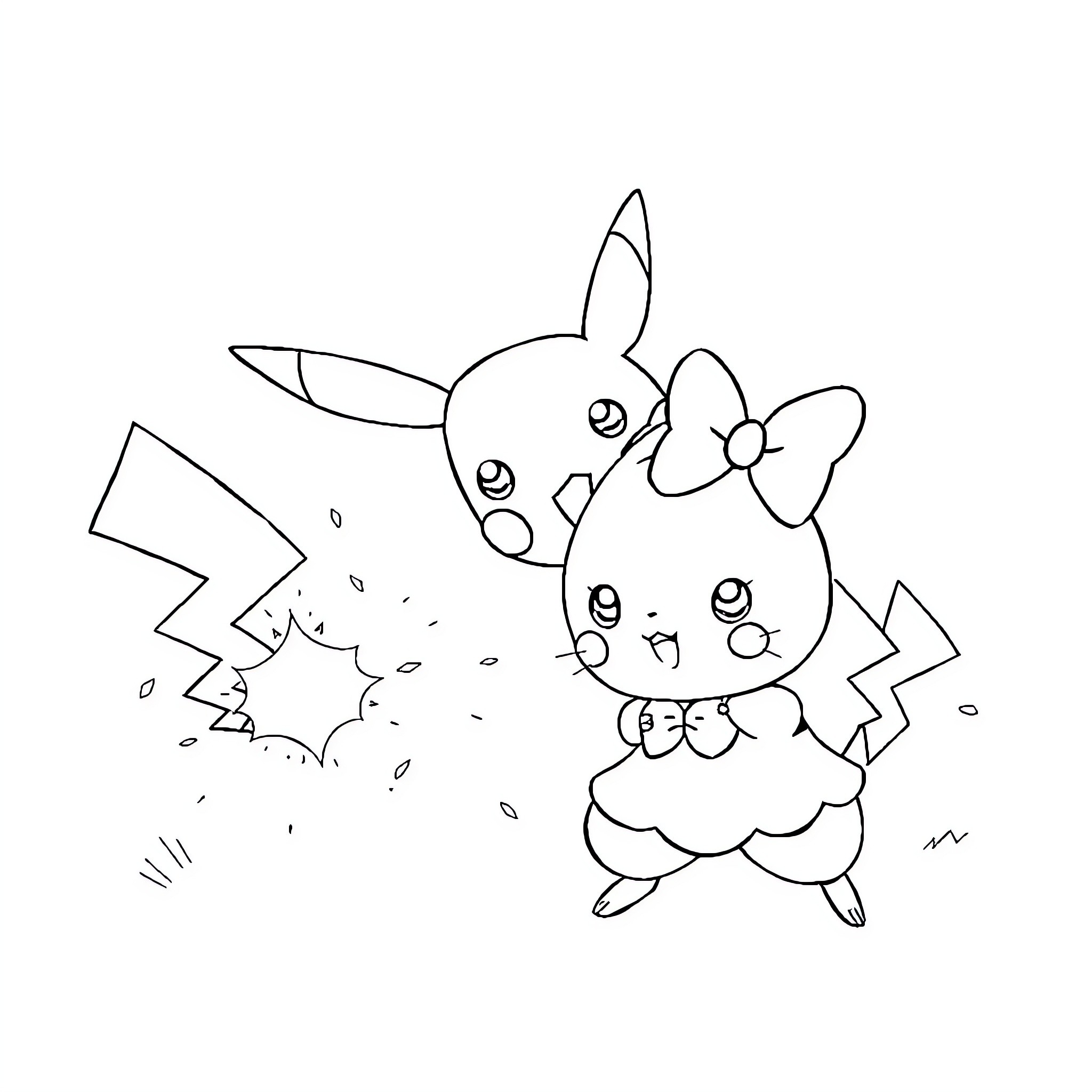 Pikachu playing happily with friends Coloring Page (free black-and-white line drawing printable PDF for all, from beginners to advanced learners, including children, teens, adults, and seniors)