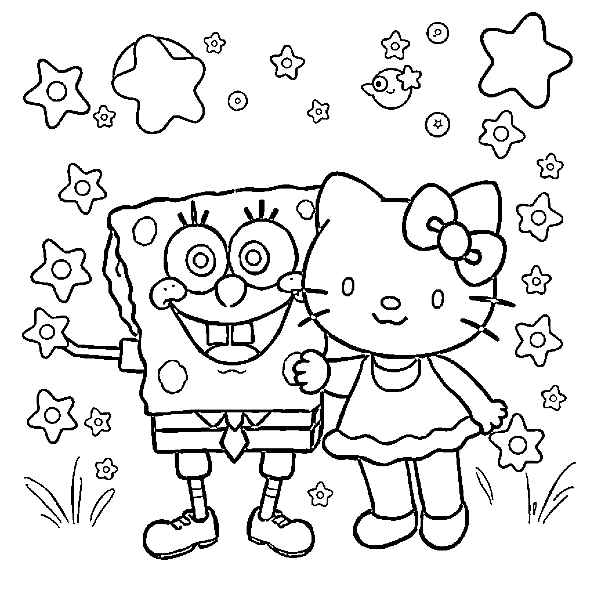 Spongebob and Hello Kitty playing together Coloring Page (free black-and-white line drawing printable PDF for all, from beginners to advanced learners, including children, teens, adults, and seniors)