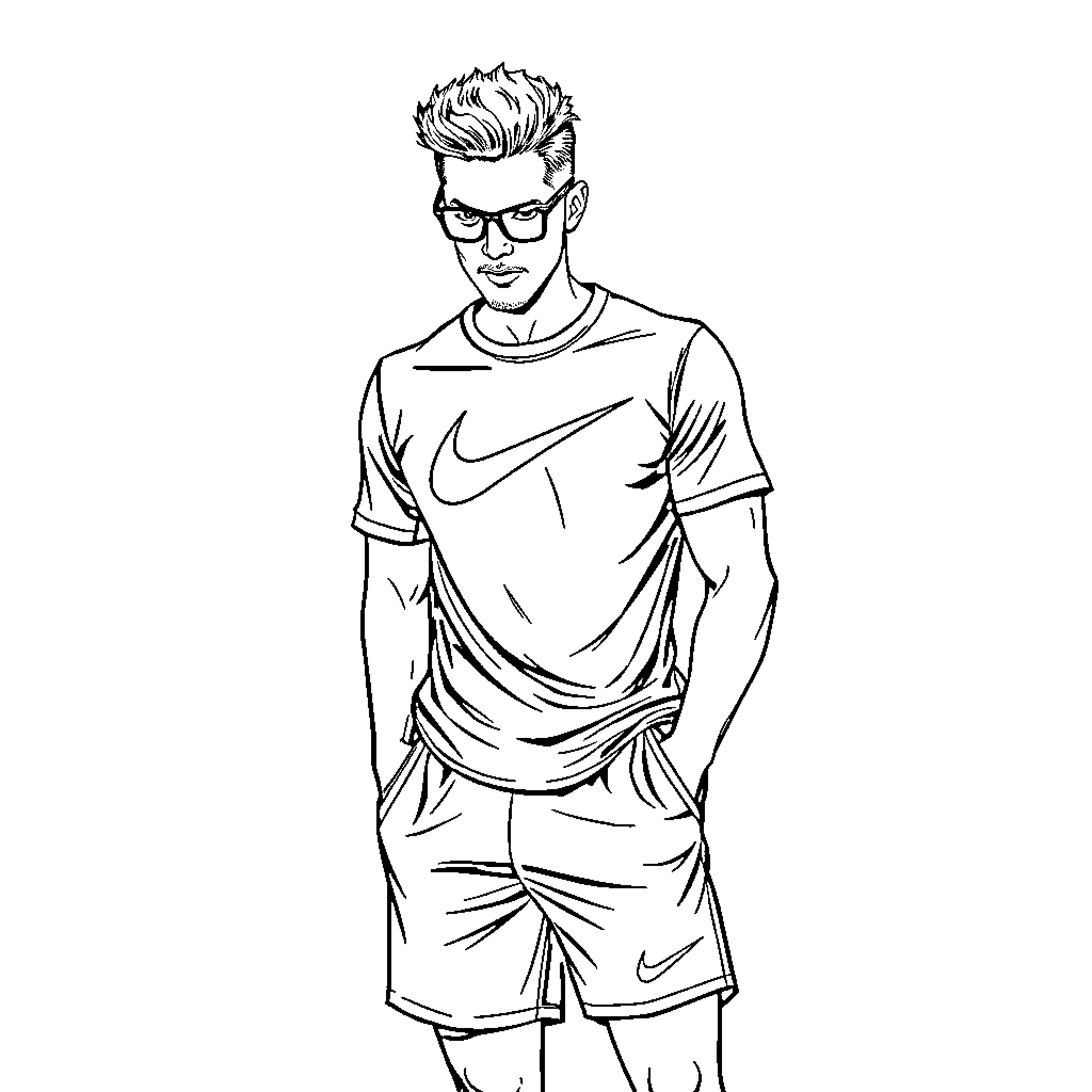 Man in Nike sportswear with stylish hairstyle Coloring Page (free black-and-white line drawing printable PDF for all, from beginners to advanced learners, including children, teens, adults, and seniors)