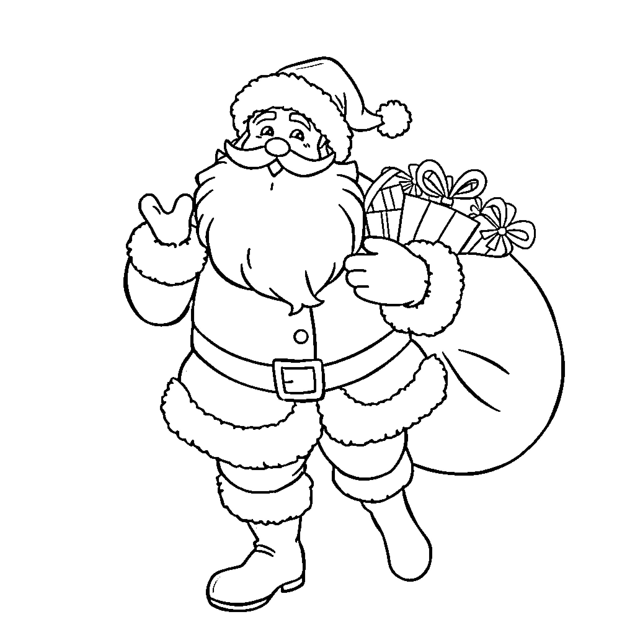 Santa giving presents with a happy expression Coloring Page (free black-and-white line drawing printable PDF for all, from beginners to advanced learners, including children, teens, adults, and seniors)