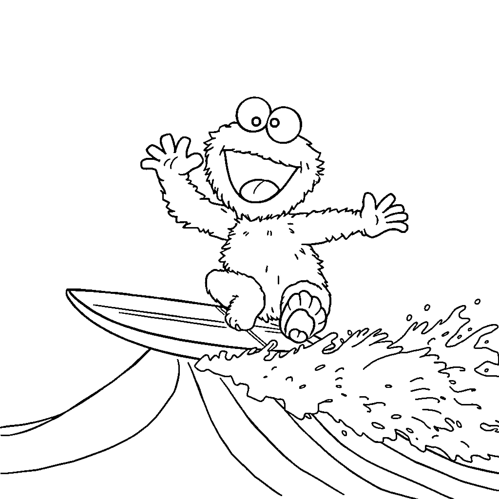 Cookie Monster surfing on a big wave Coloring Page (free black-and-white line drawing printable PDF for all, from beginners to advanced learners, including children, teens, adults, and seniors)