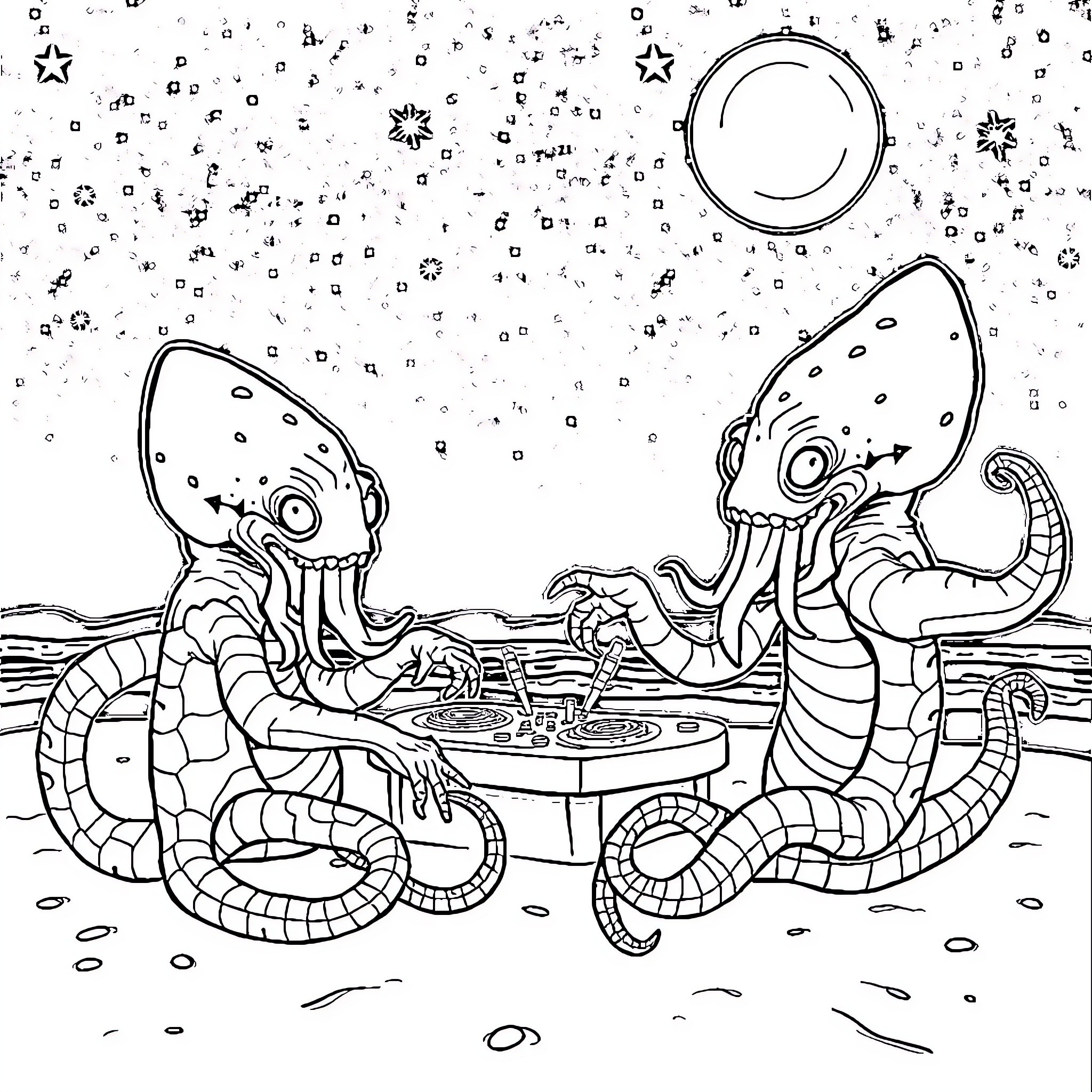 Kraken playing with celestial spheres in the deep sea Coloring Page (free black-and-white line drawing printable PDF for all, from beginners to advanced learners, including children, teens, adults, and seniors)
