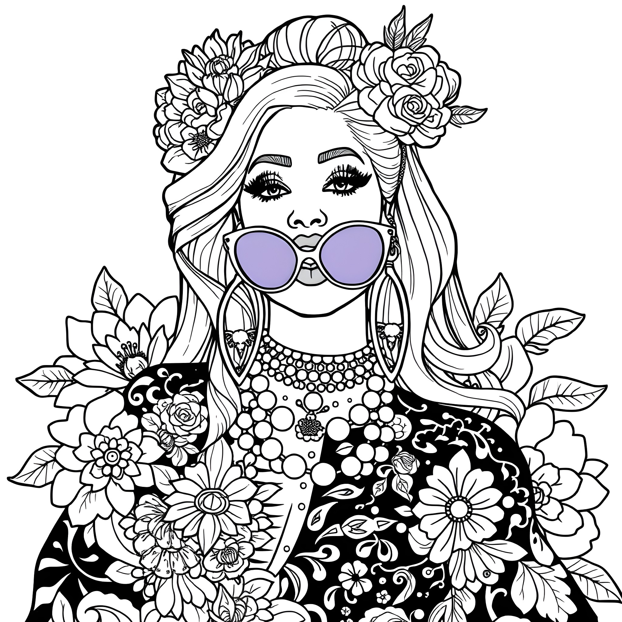Nicki Minaj in a Floral Fantasy Coloring Page (free black-and-white line drawing printable PDF for all, from beginners to advanced learners, including children, teens, adults, and seniors)