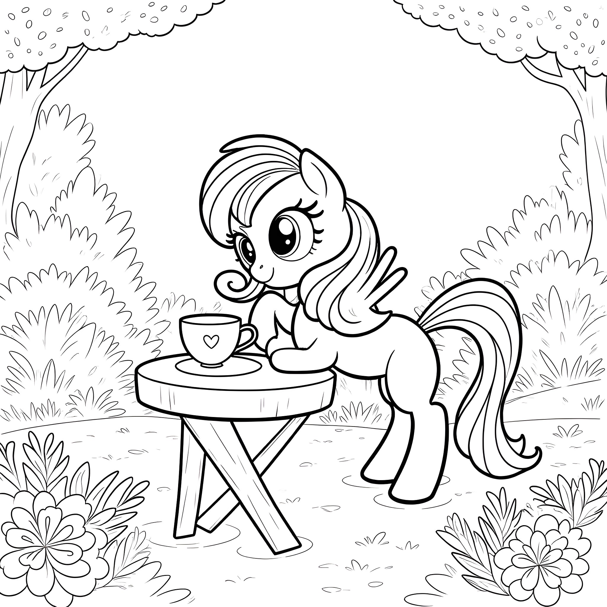 Fluttershy enjoying a cup of tea in the garden Coloring Page (free black-and-white line drawing printable PDF for all, from beginners to advanced learners, including children, teens, adults, and seniors)